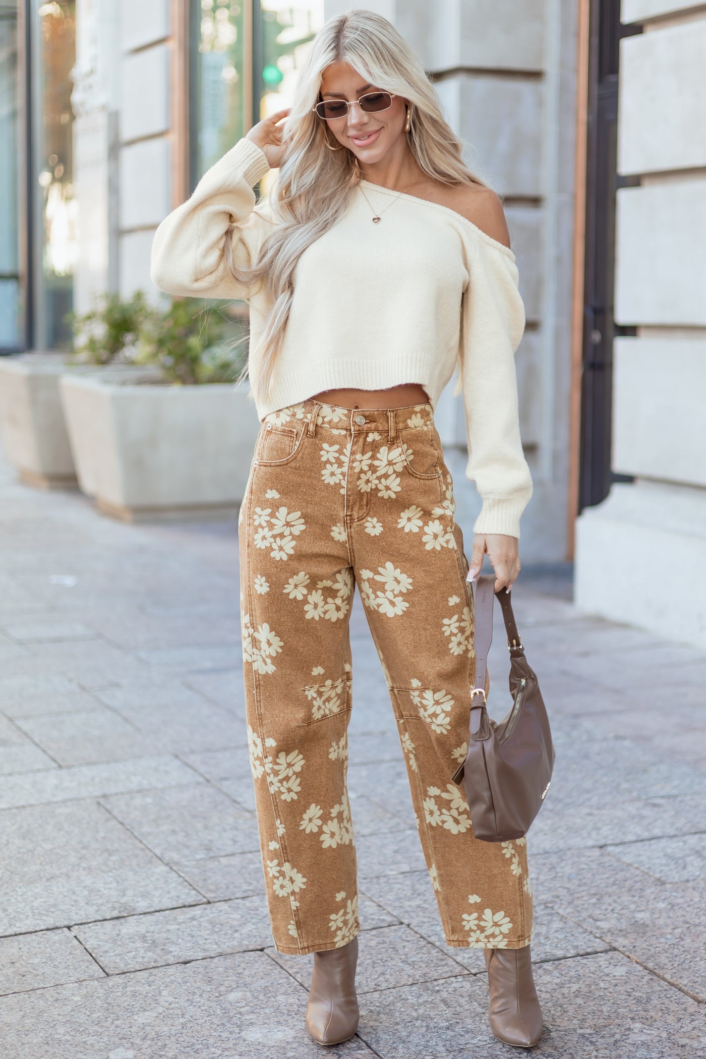 Entro Washed Copper Floral Relaxed Barrel Jeans