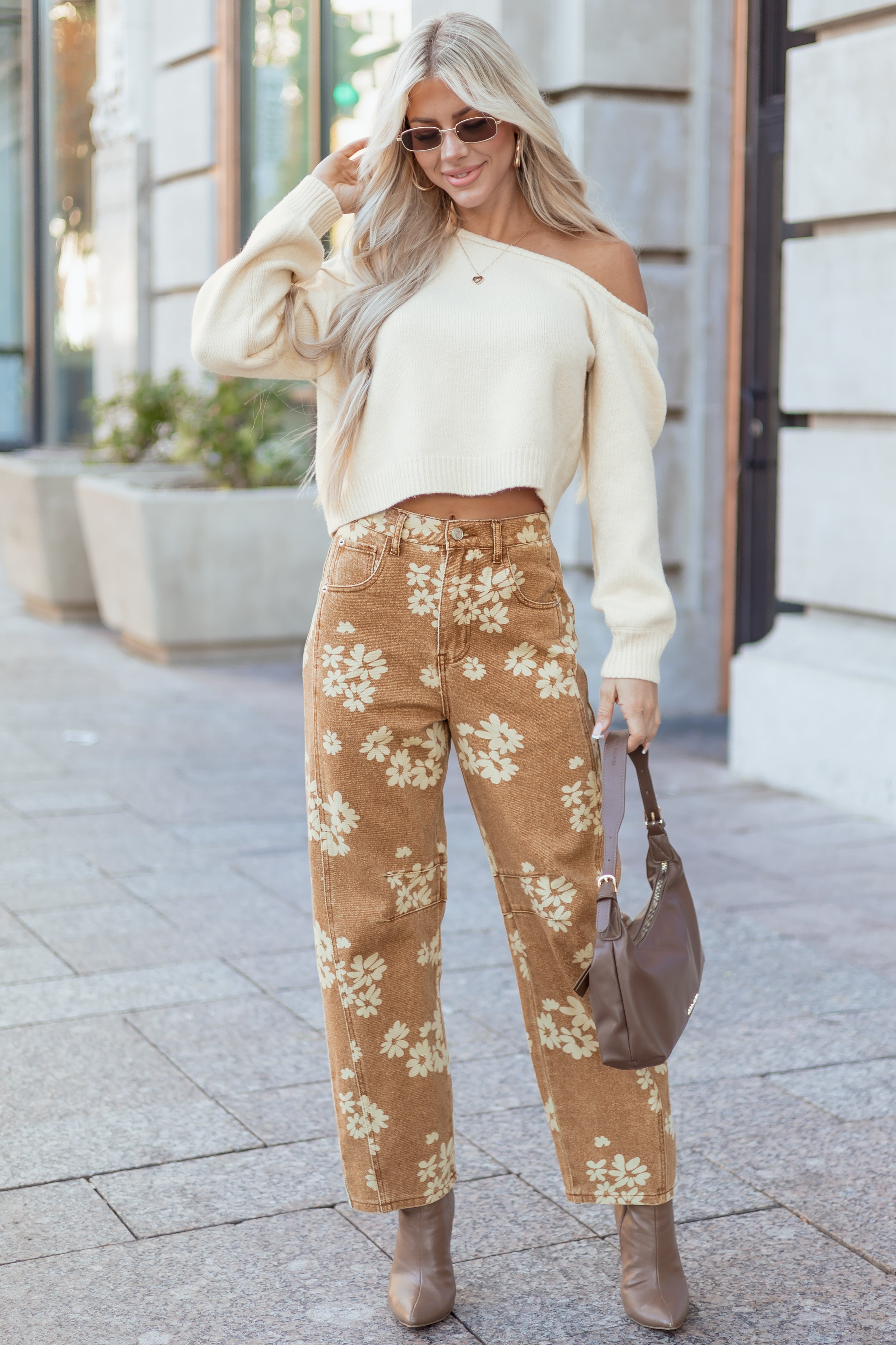 Entro Washed Copper Floral Relaxed Barrel Jeans
