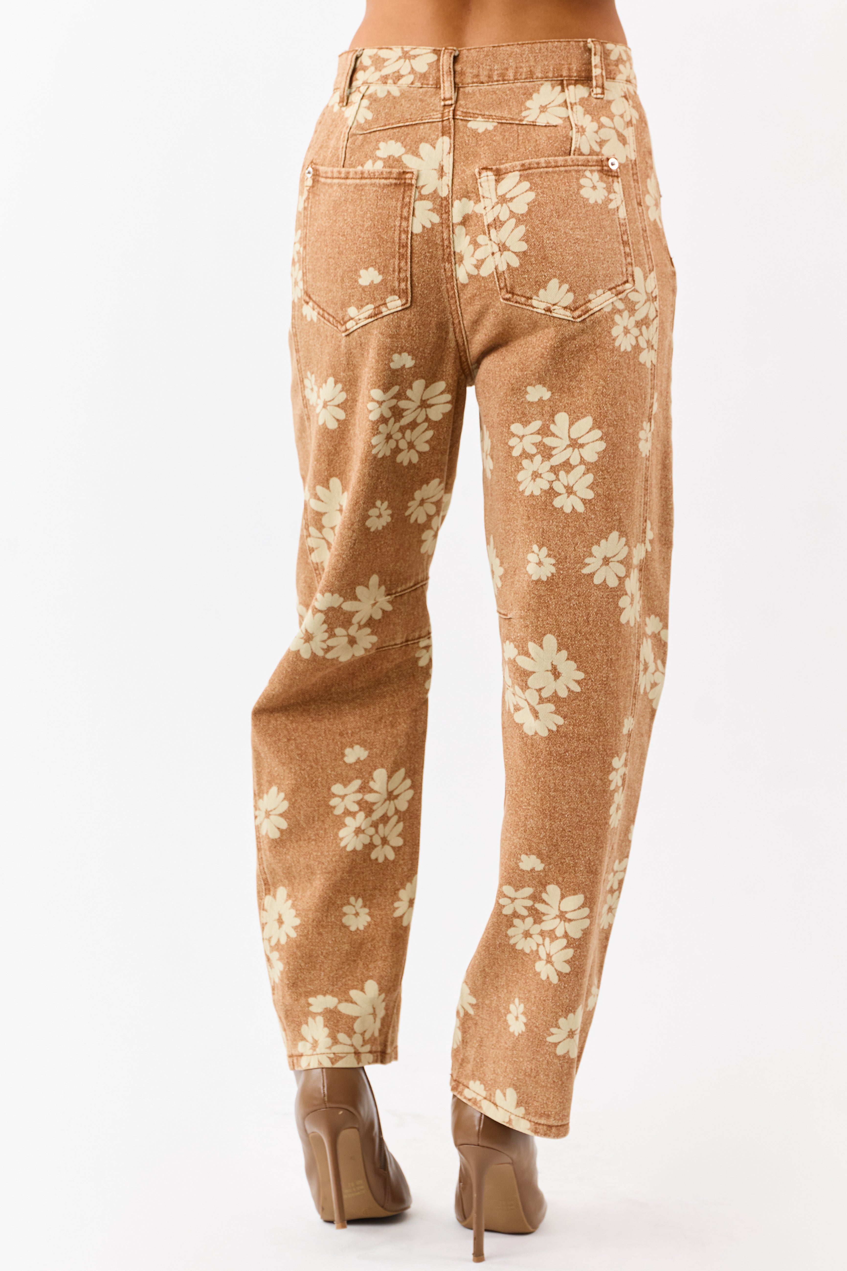 Entro Washed Copper Floral Relaxed Barrel Jeans