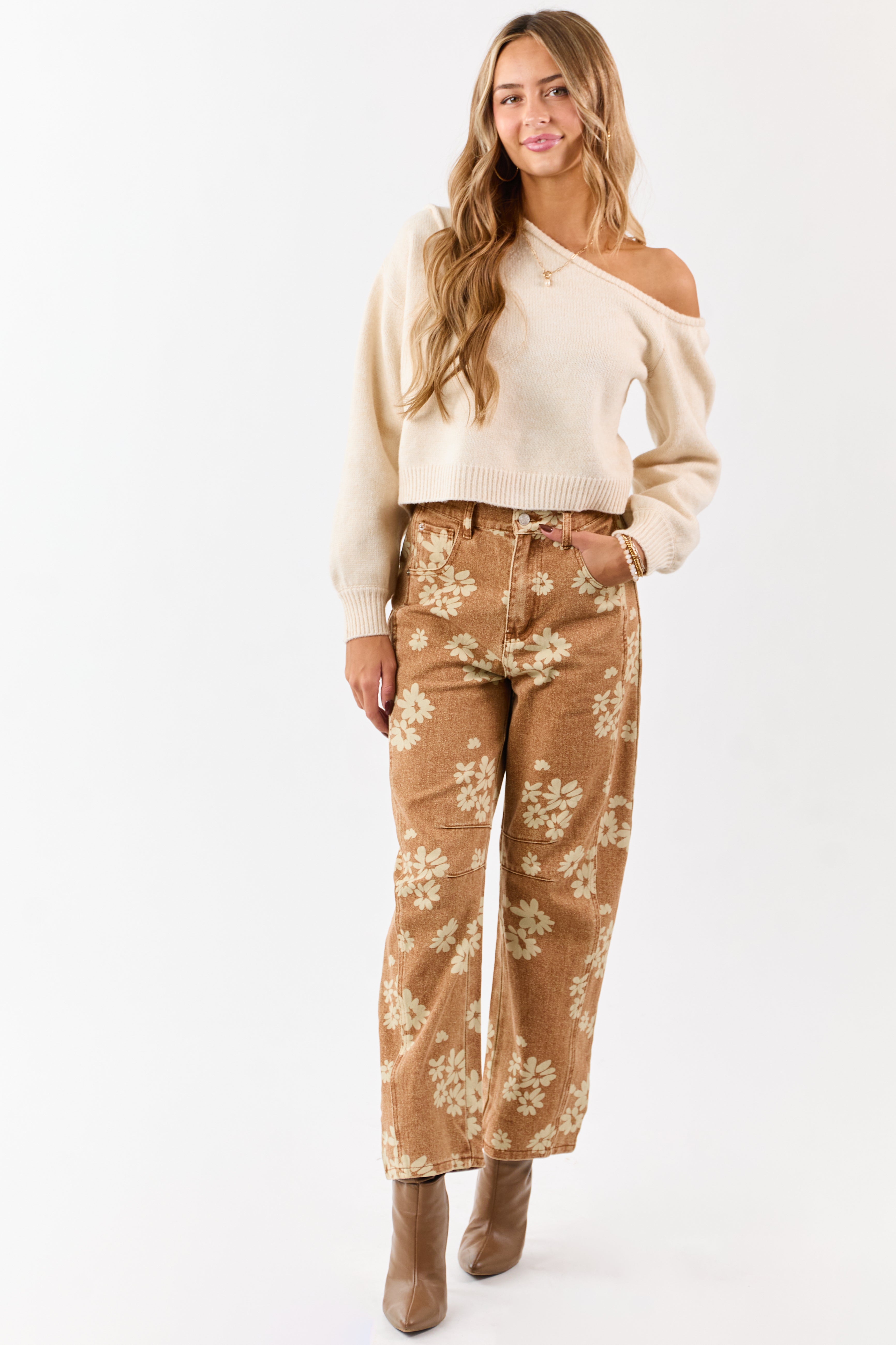 Entro Washed Copper Floral Relaxed Barrel Jeans