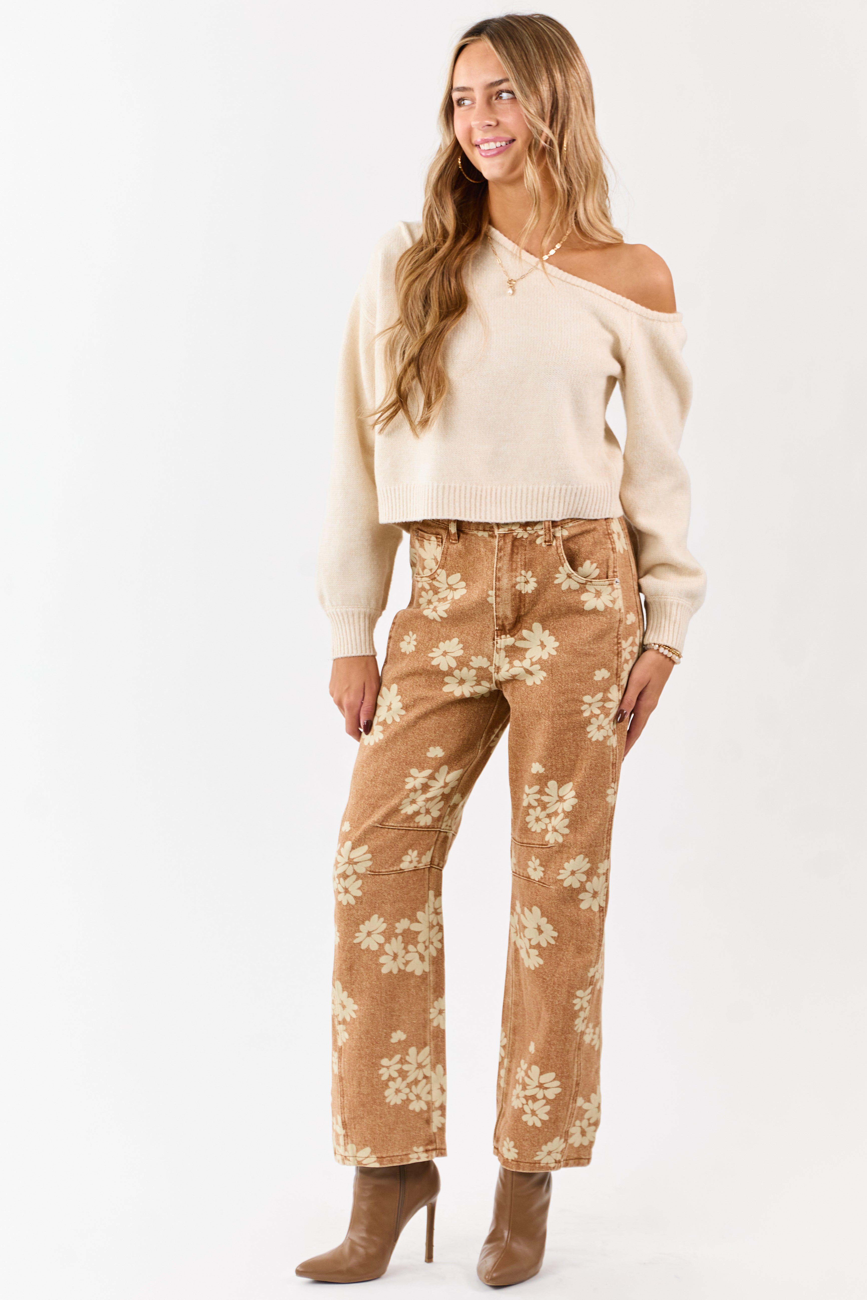 Entro Washed Copper Floral Relaxed Barrel Jeans