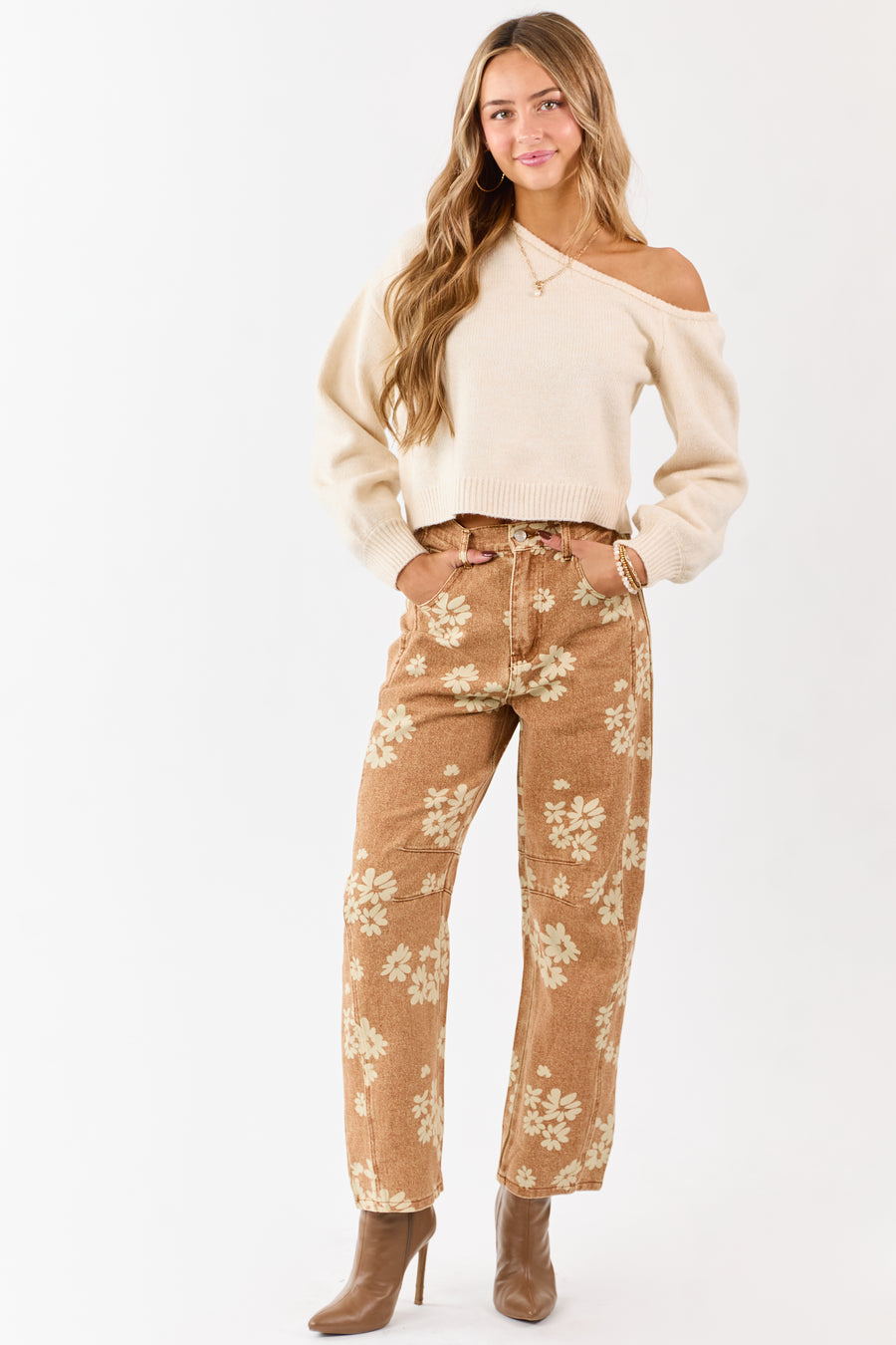Entro Washed Copper Floral Relaxed Barrel Jeans