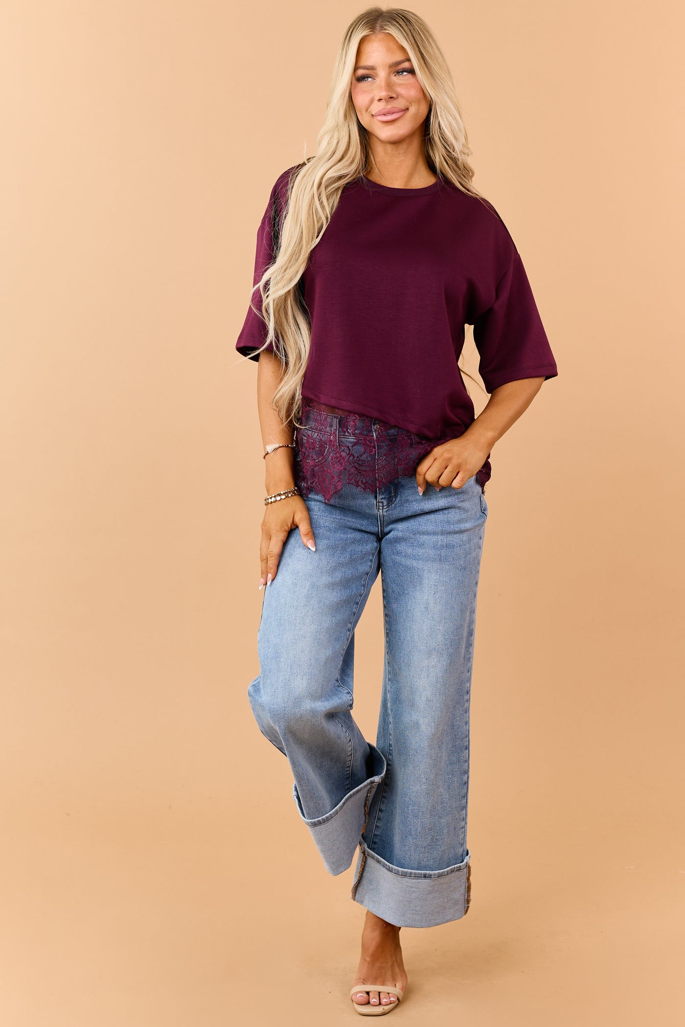 Entro Wine Lace Trim Asymmetrical Short Sleeve Top