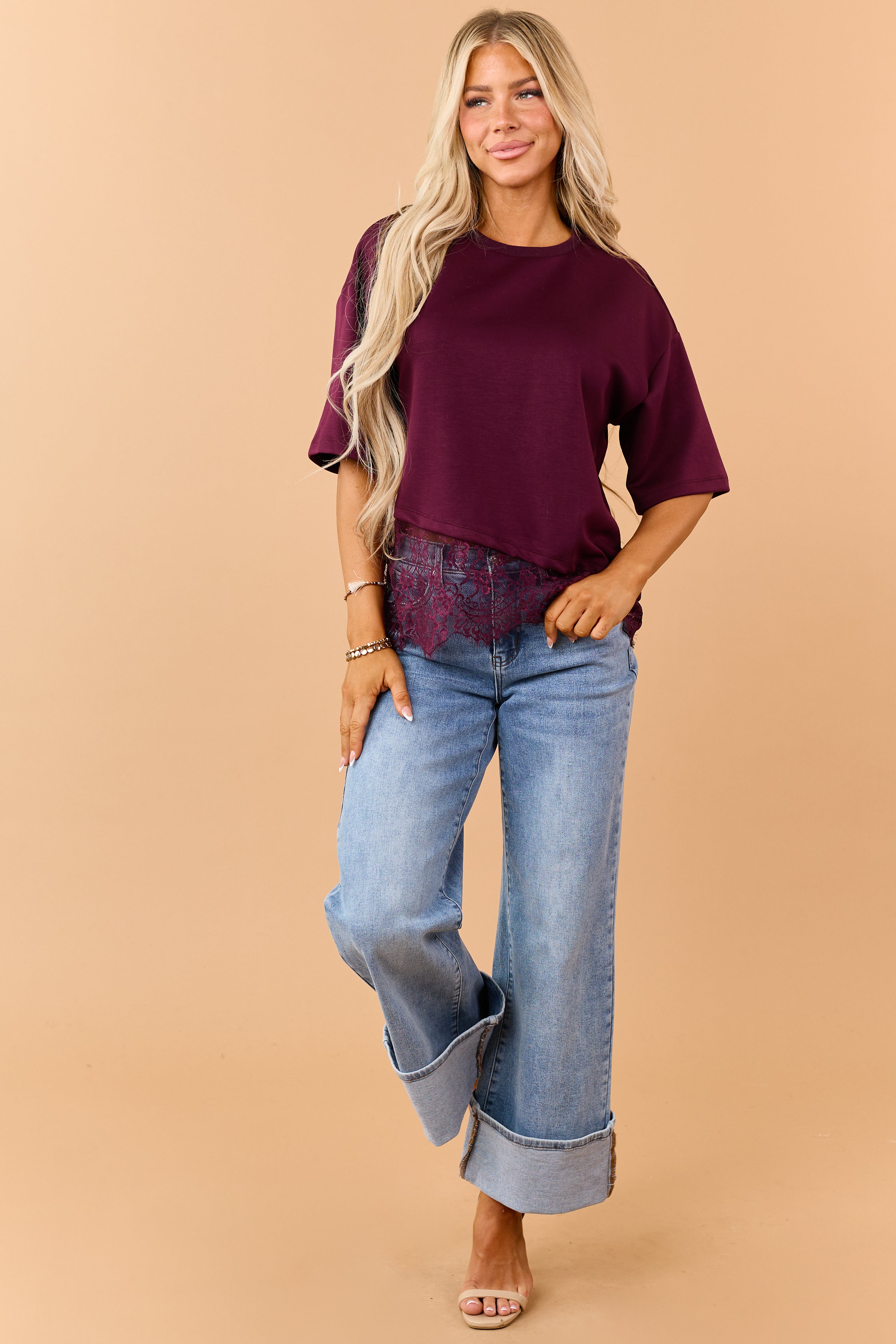 Entro Wine Lace Trim Asymmetrical Short Sleeve Top