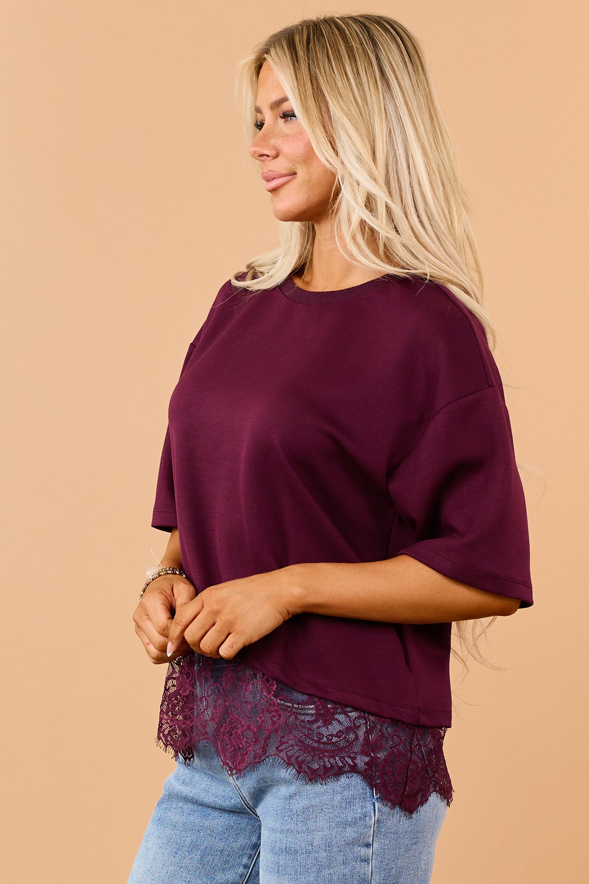 Entro Wine Lace Trim Asymmetrical Short Sleeve Top