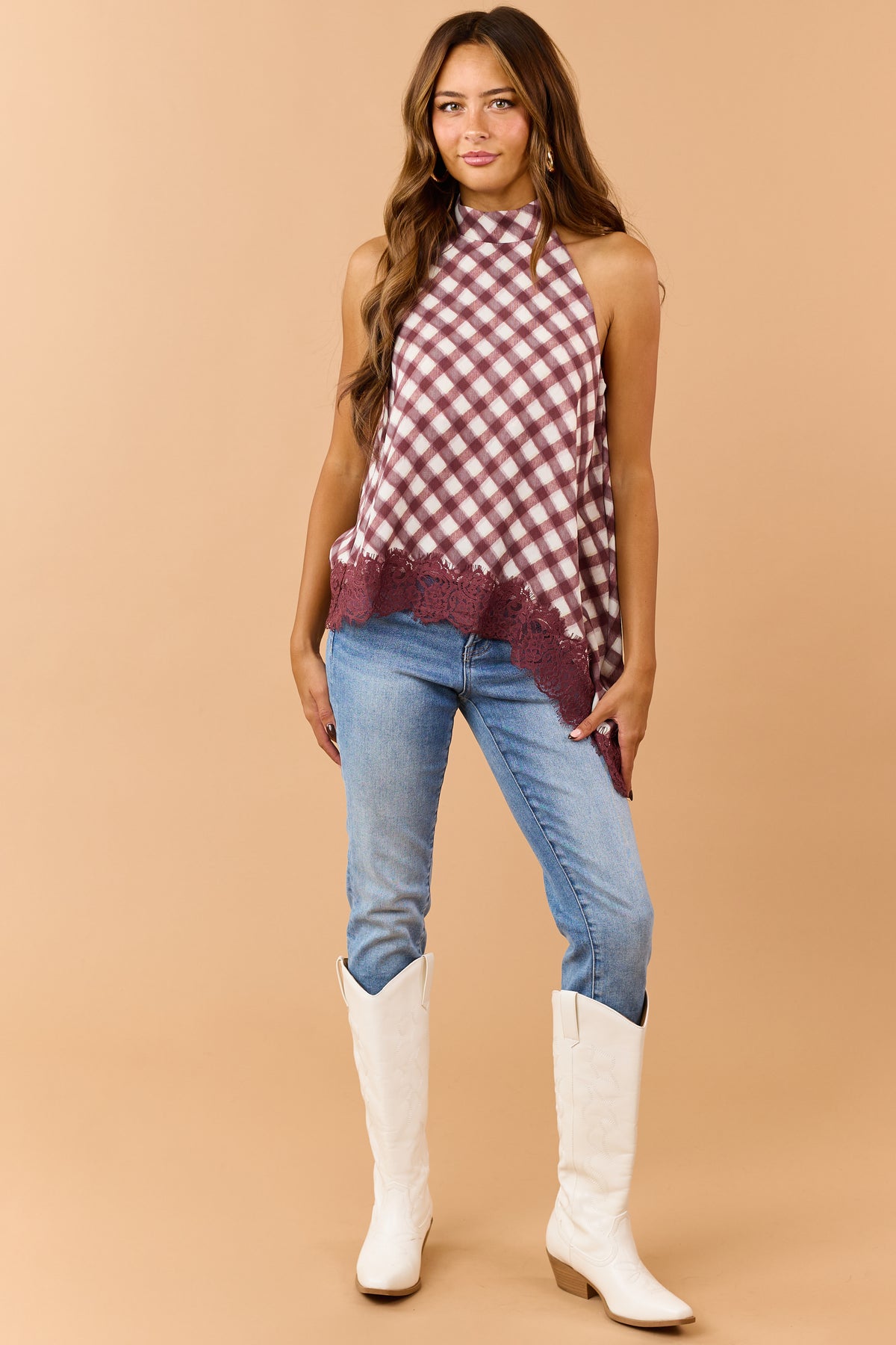 Entro Wine Plaid Asymmetrical Lace Hem Halter Top