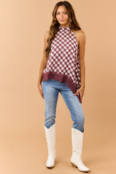 Entro Wine Plaid Asymmetrical Lace Hem Halter Top
