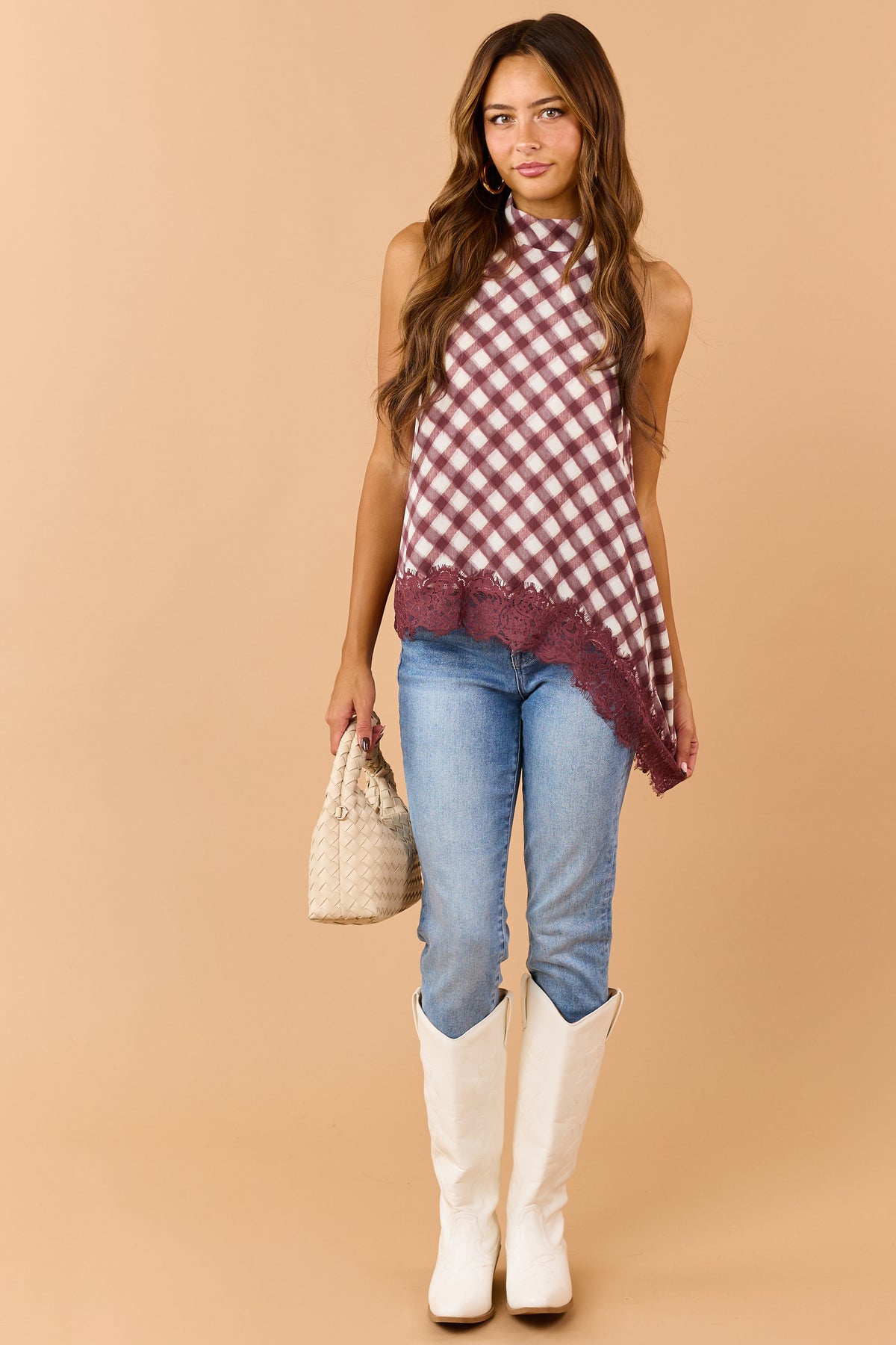 Entro Wine Plaid Asymmetrical Lace Hem Halter Top