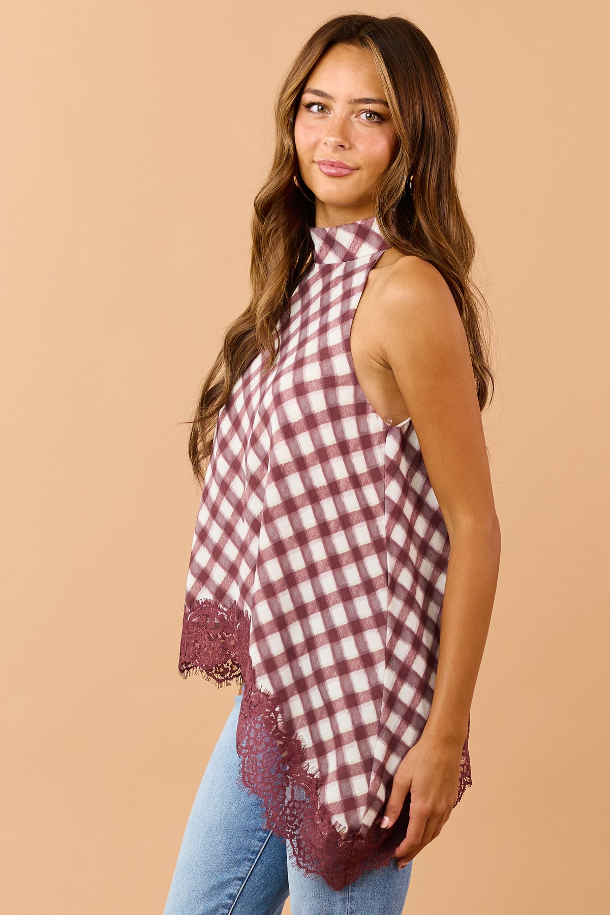 Entro Wine Plaid Asymmetrical Lace Hem Halter Top