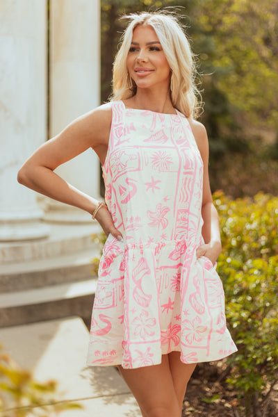 Entro Baby Pink Beach Print Sleeveless Mini Dress | Lime