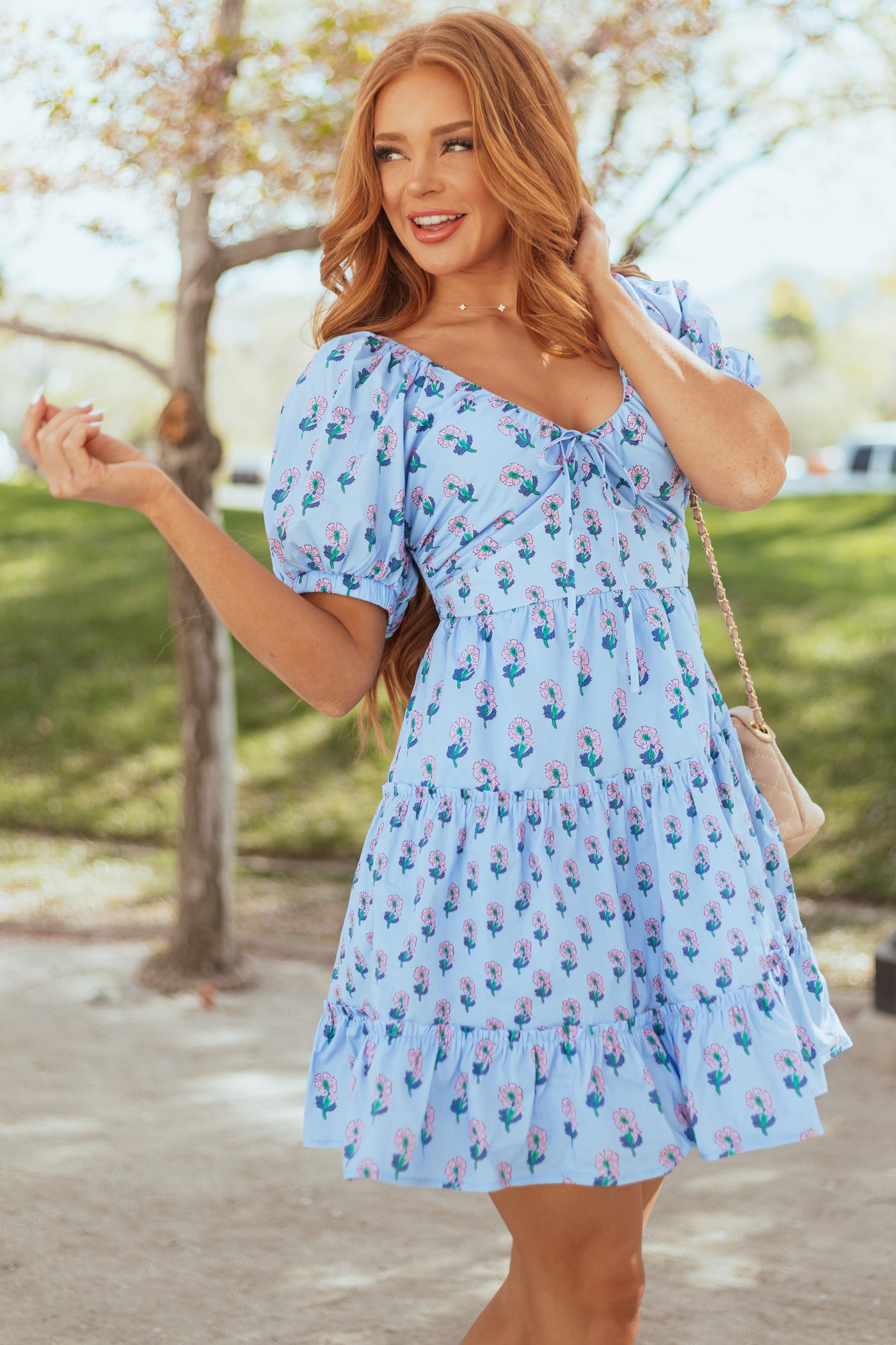 Entro Cornflower Floral Puff Sleeve Tiered Dress Entro Cornflower Floral Puff Sleeve Tiered Dress