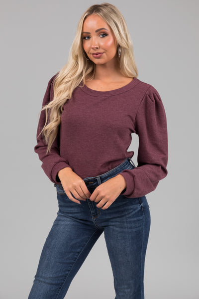 Faded Berry Puff Shoulder Thermal Knit Top