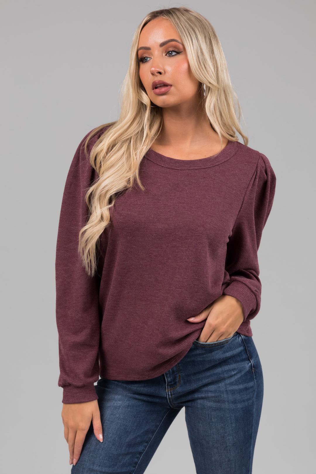 Faded Berry Puff Shoulder Thermal Knit Top & Lime Lush