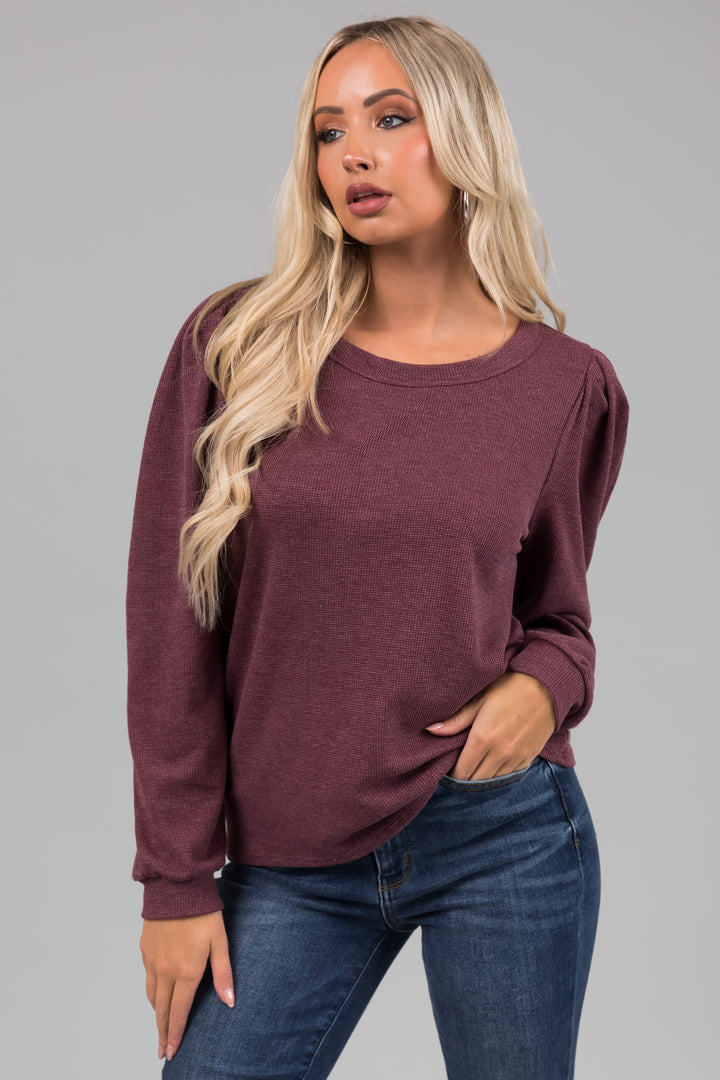 Faded Berry Puff Shoulder Thermal Knit Top