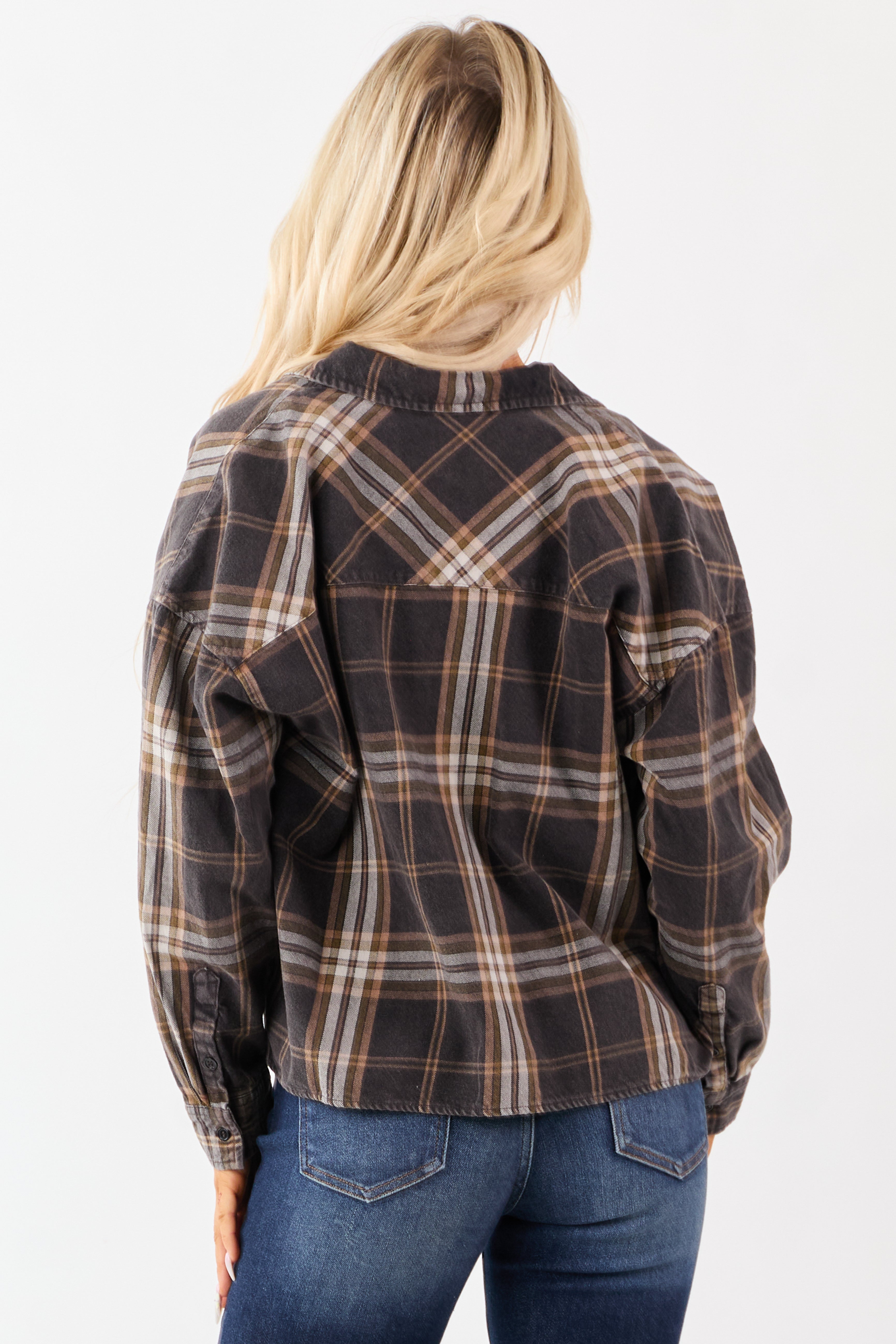 Faded Black Plaid Cotton Button Down Collared Top