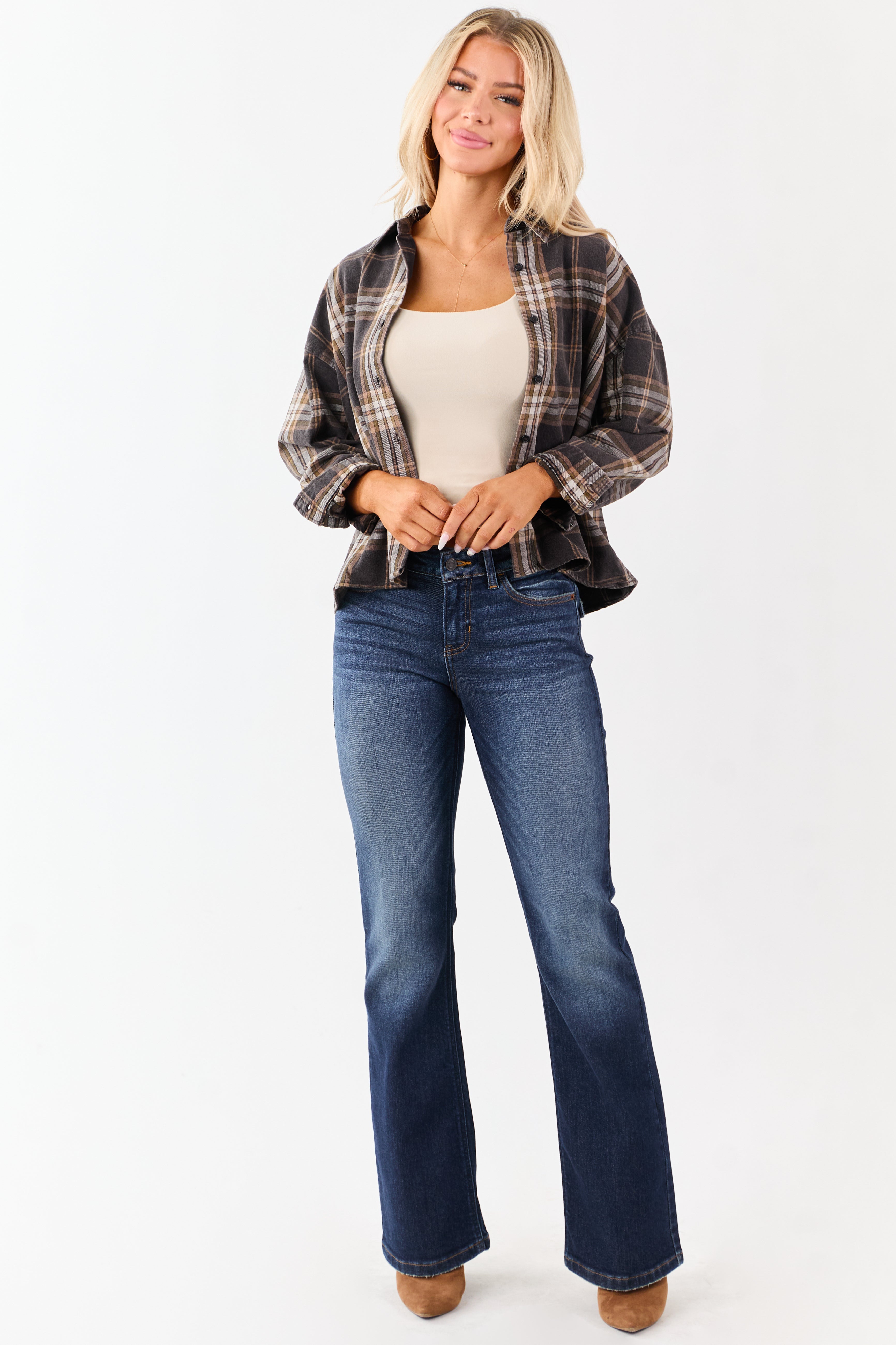 Faded Black Plaid Cotton Button Down Collared Top