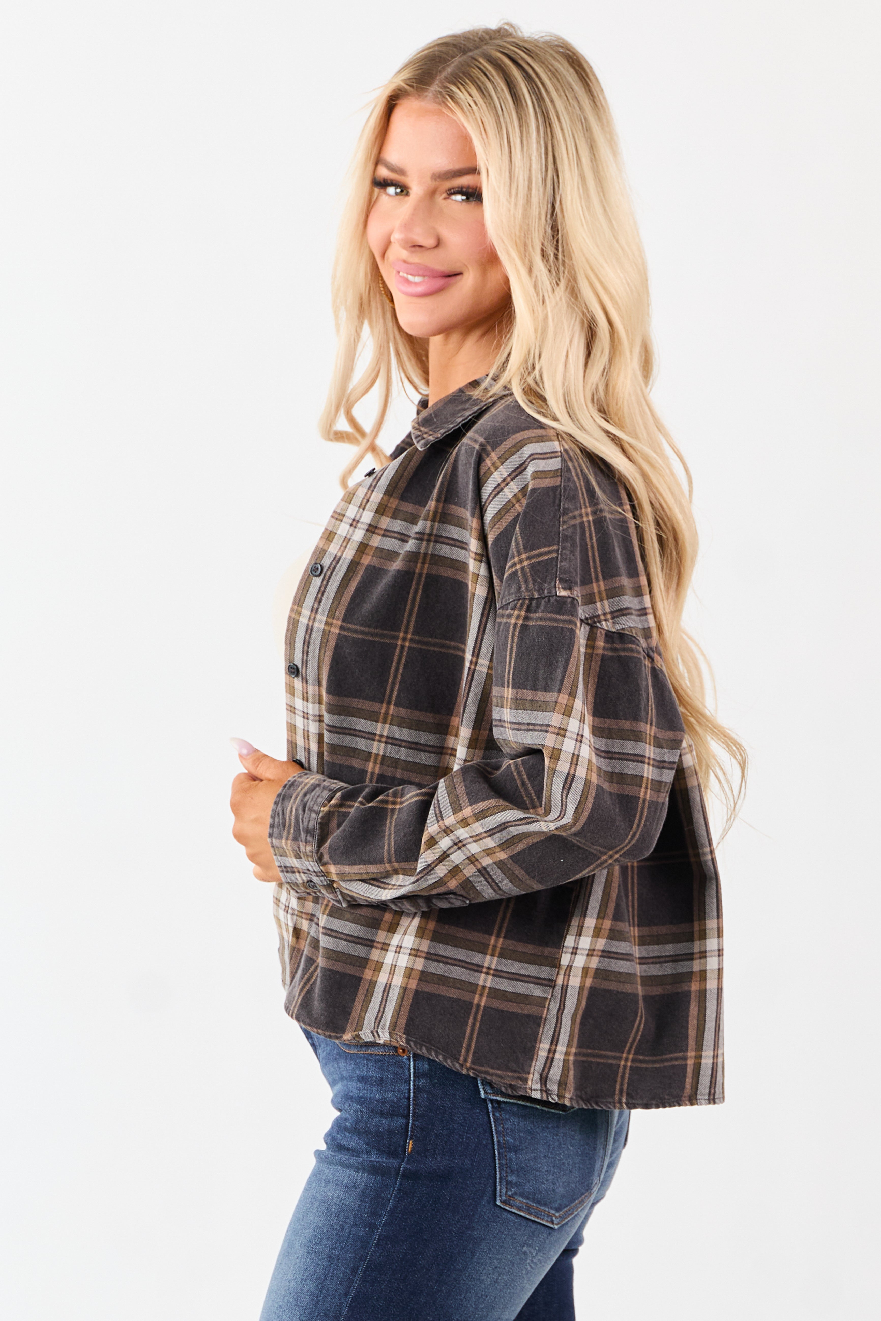 Faded Black Plaid Cotton Button Down Collared Top