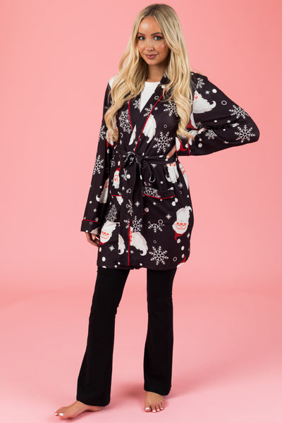 Faded Black Santa Print Soft Mid Length Robe