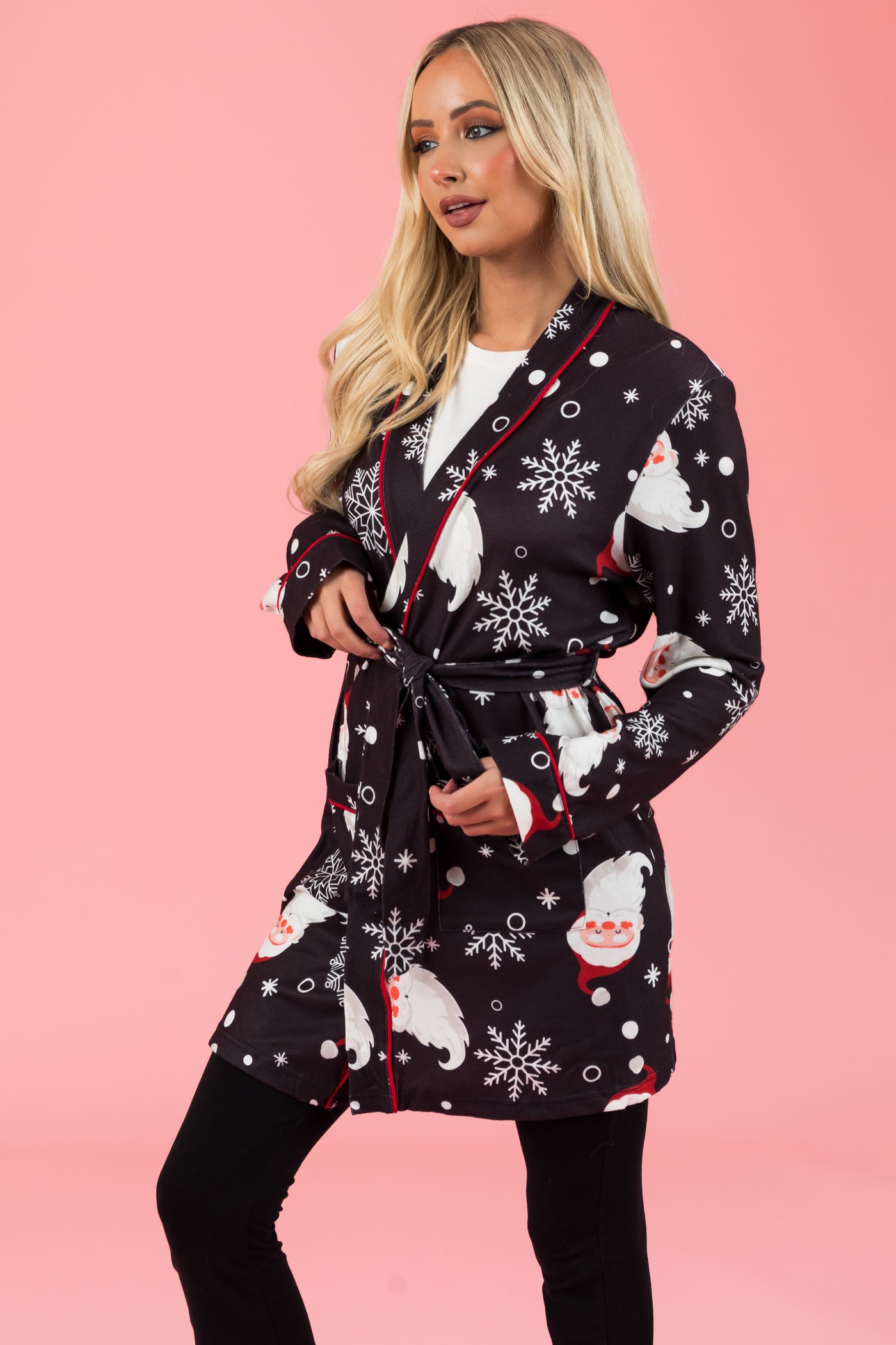 Faded Black Santa Print Soft Mid Length Robe