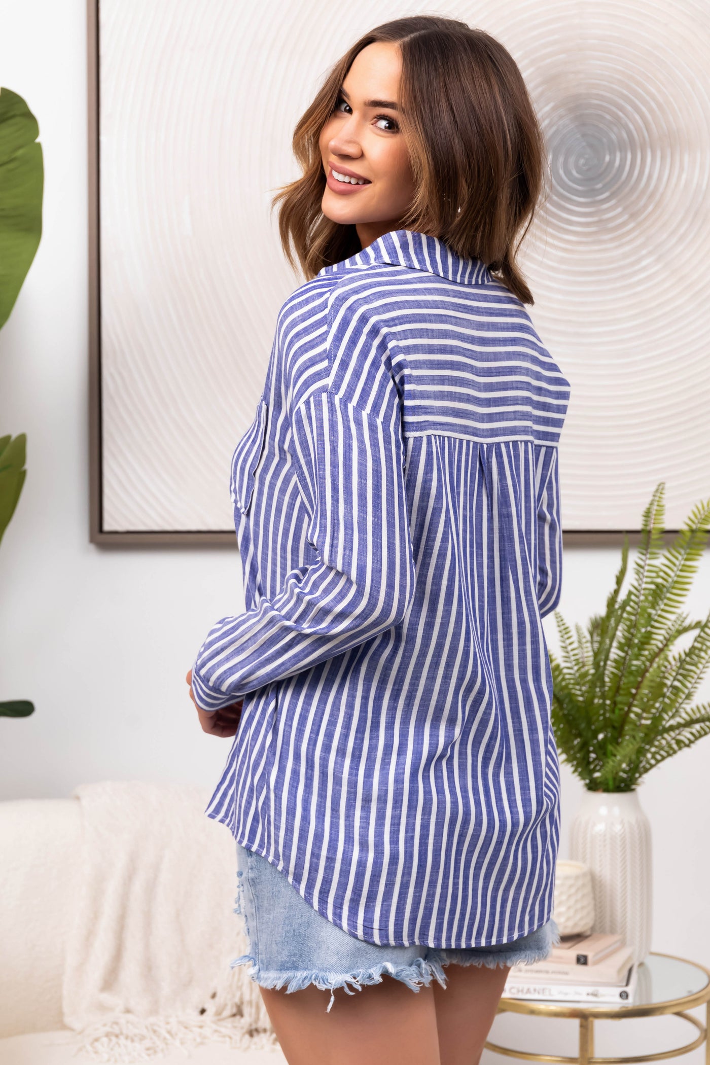 Faded Cobalt Button Up Stripe Blouse