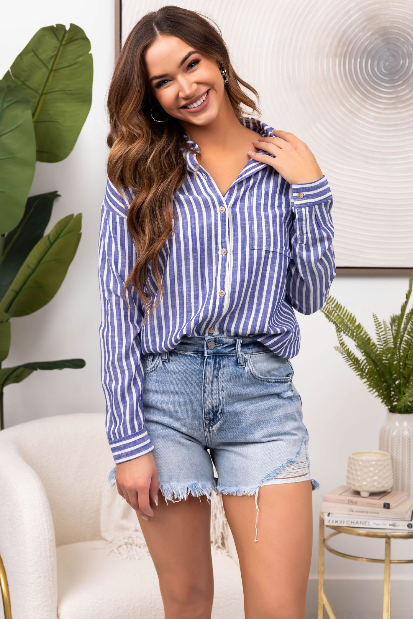 Faded Cobalt Button Up Stripe Blouse