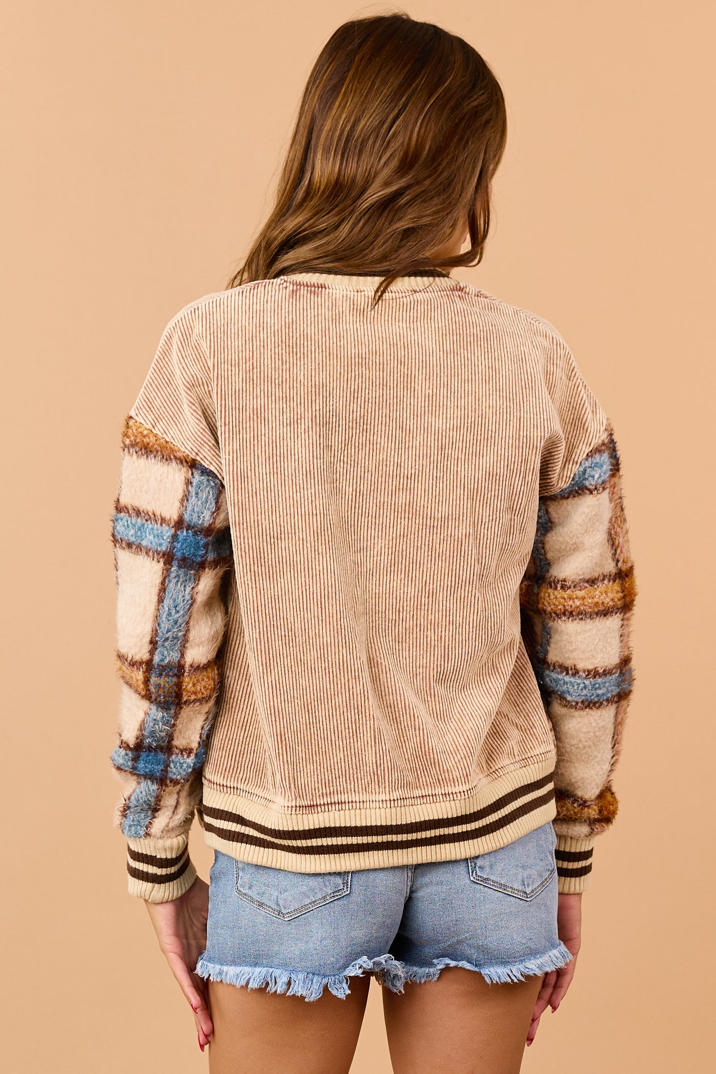 Faded Cognac Corduroy Plaid Sleeve Jacket