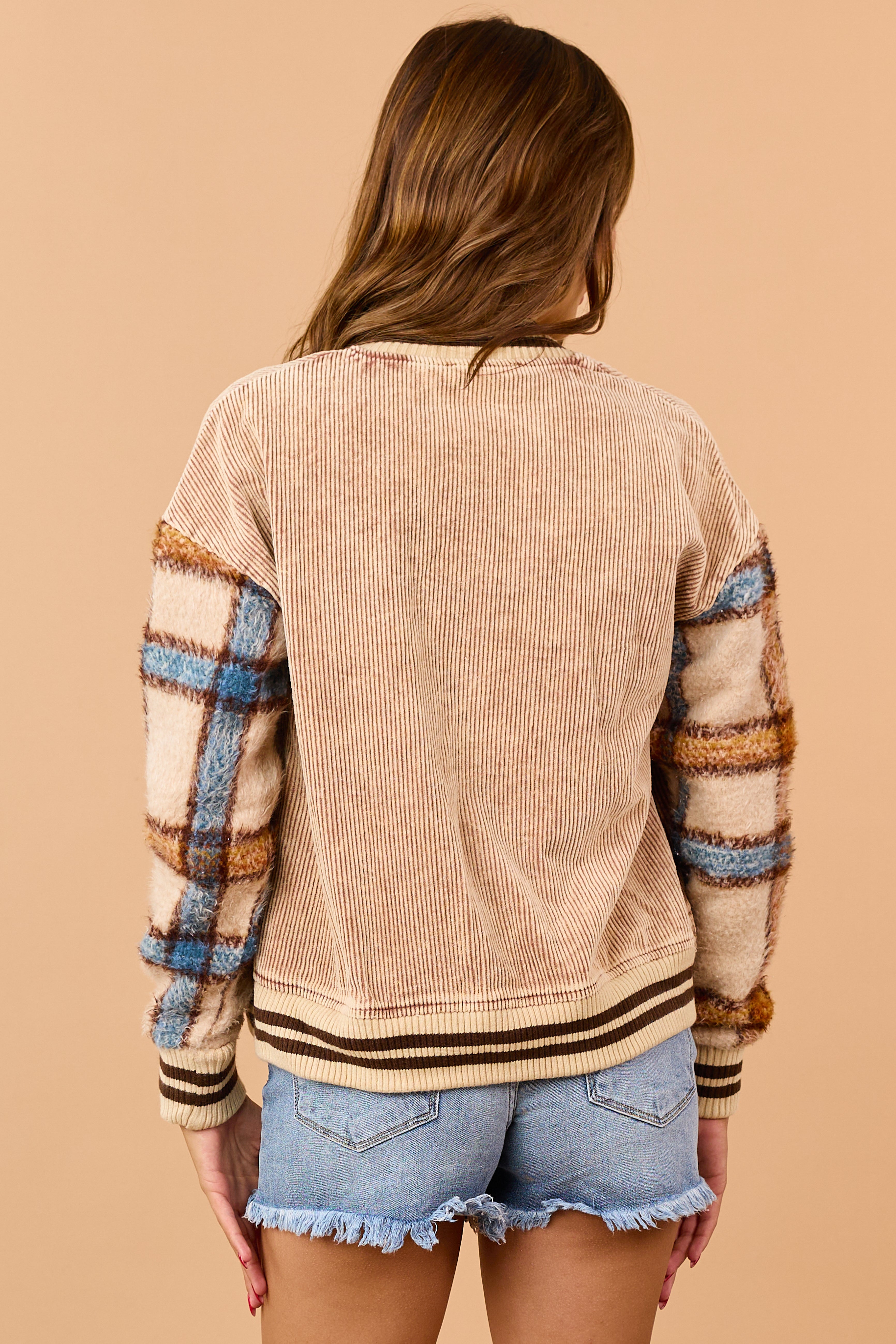 Faded Cognac Corduroy Plaid Sleeve Jacket