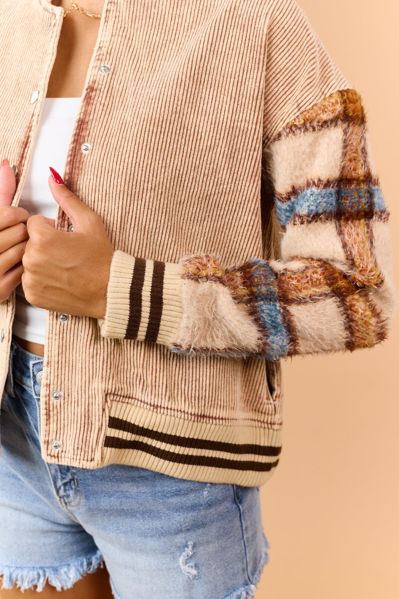 Faded Cognac Corduroy Plaid Sleeve Jacket