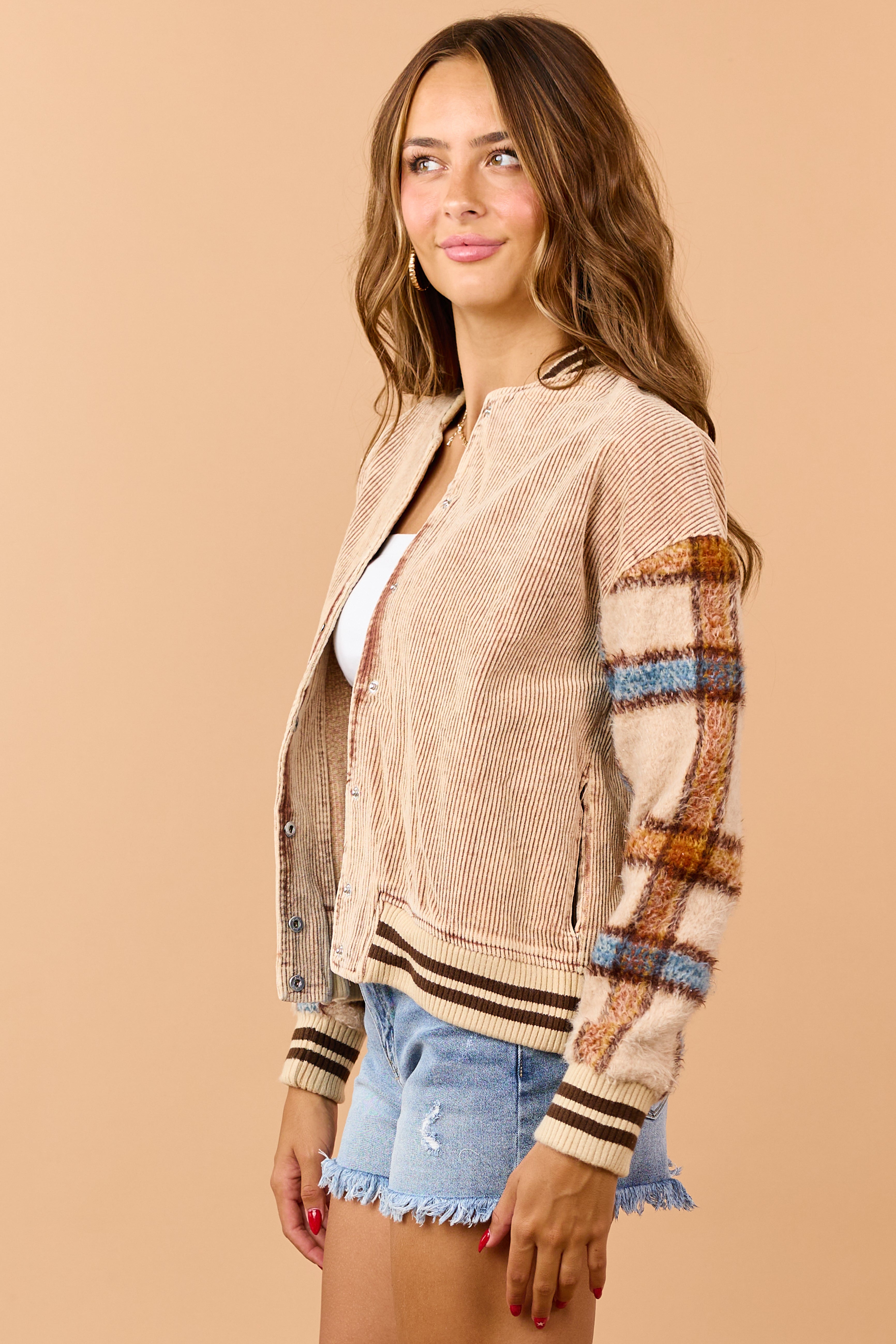 Faded Cognac Corduroy Plaid Sleeve Jacket