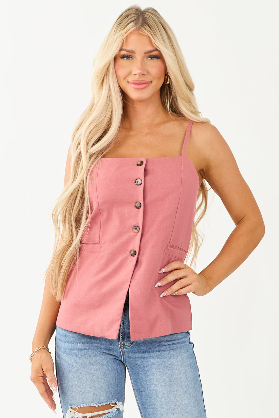 Faded Hibiscus Button Down Linen Blend Tank Top