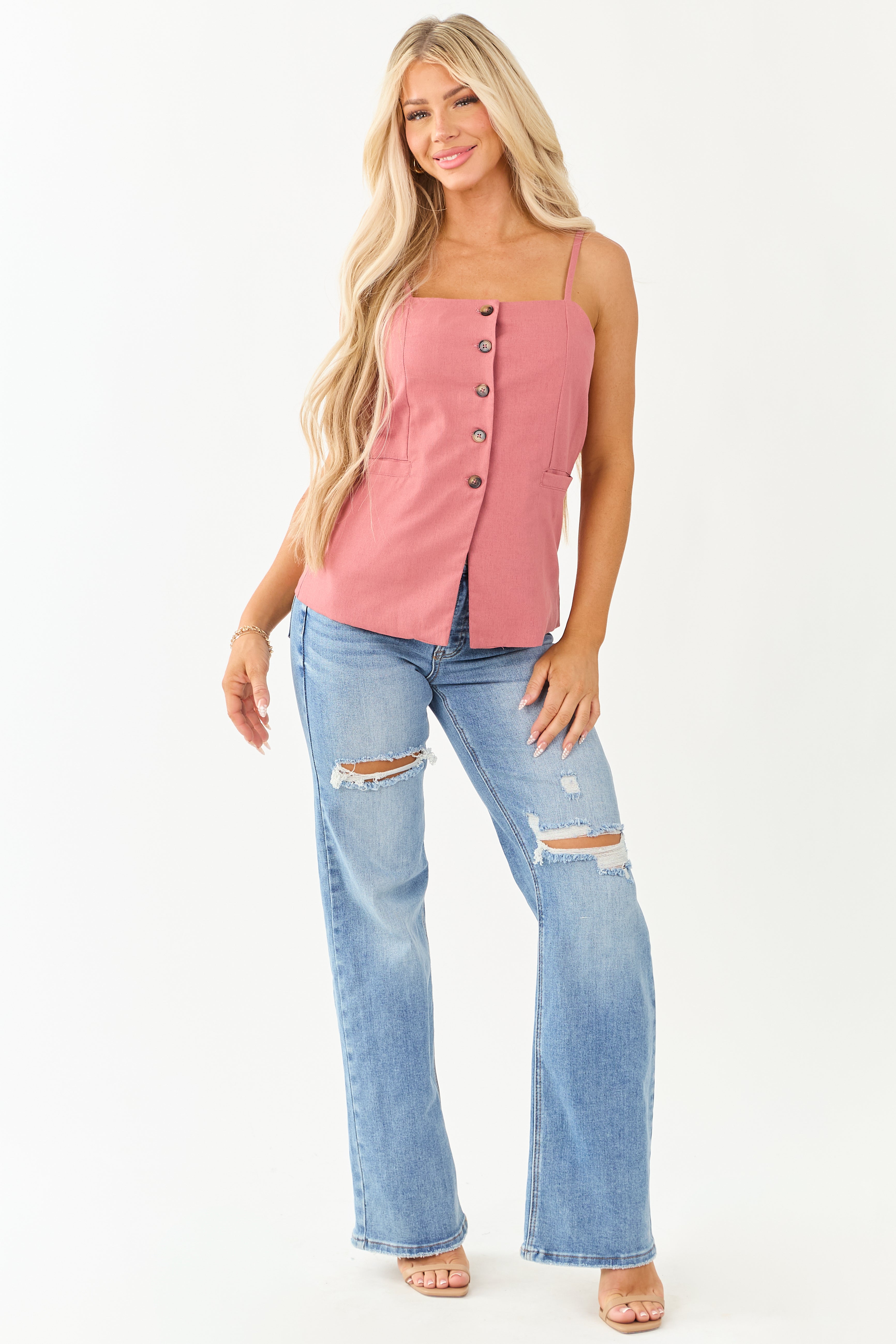 Faded Hibiscus Button Down Linen Blend Tank Top | Lime Lush Boutique