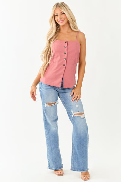 Faded Hibiscus Button Down Linen Blend Tank Top