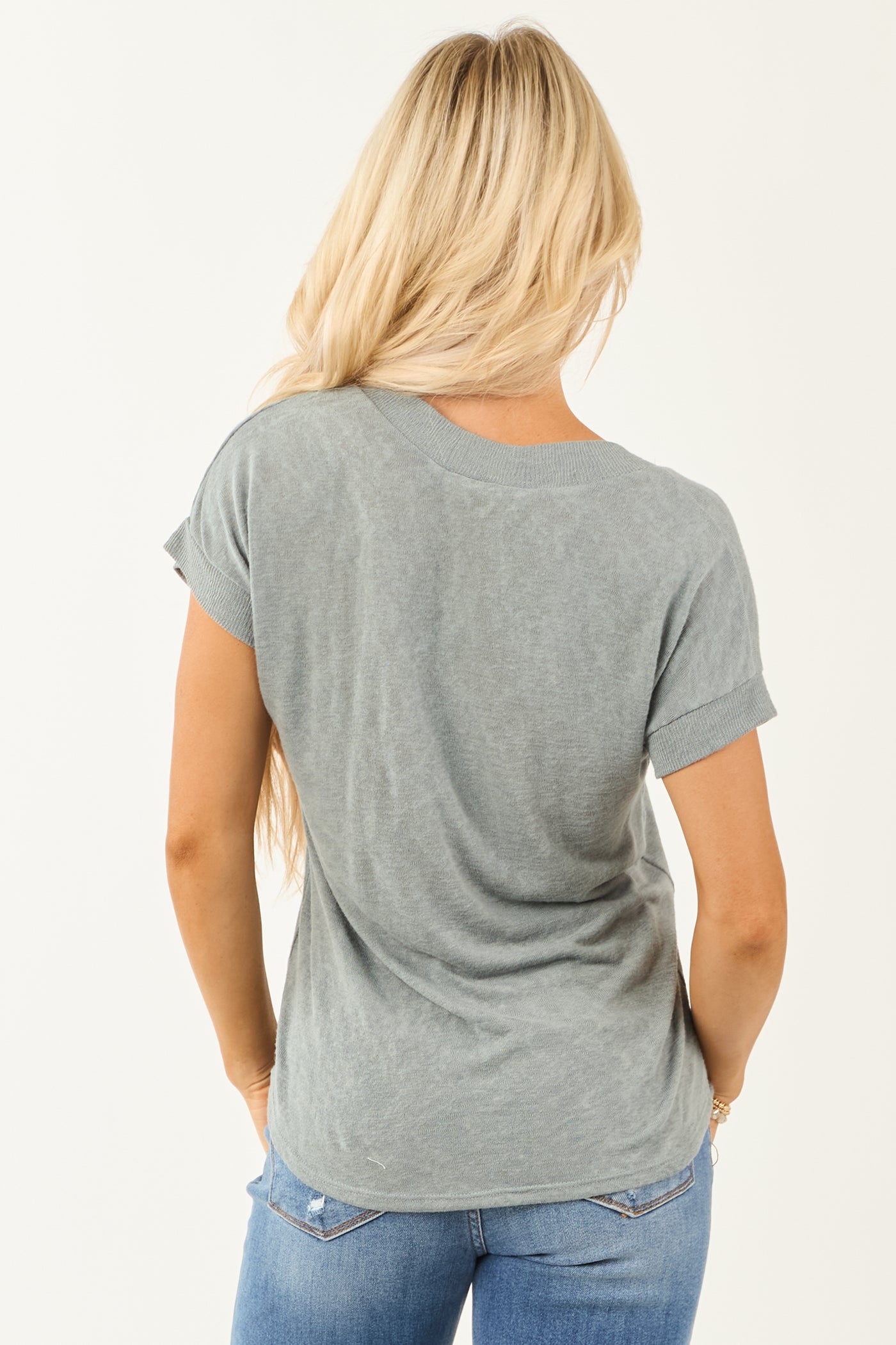 Faded Juniper Relaxed V Neck Slub Knit Top