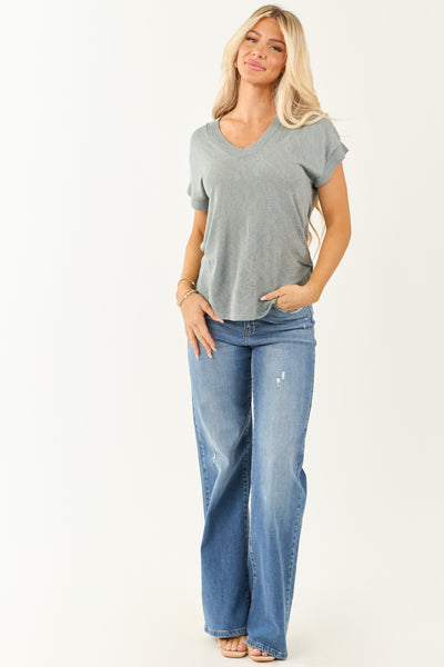 Faded Juniper Relaxed V Neck Slub Knit Top