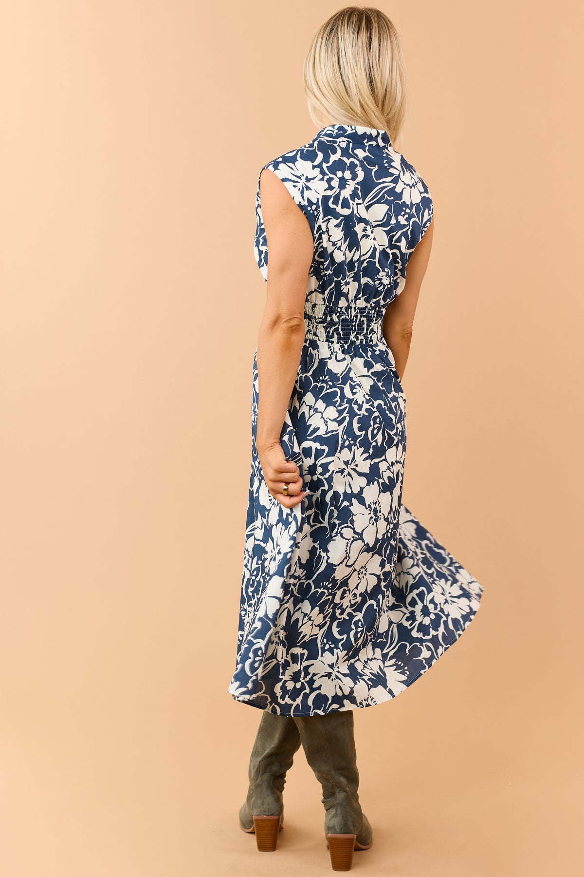 Faded Navy Blue Front Zip Floral Cotton Midi Dress