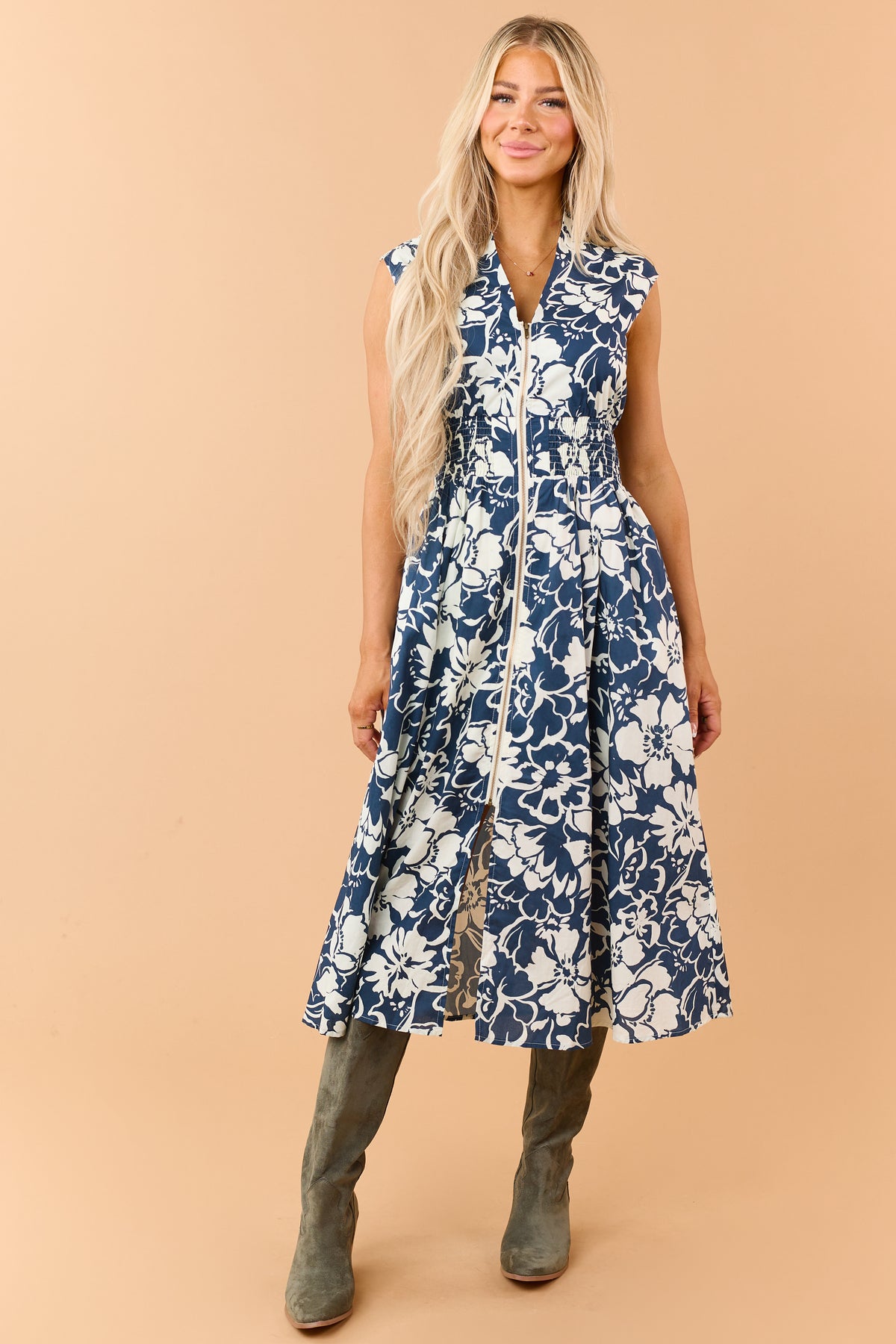 Faded Navy Blue Front Zip Floral Cotton Midi Dress
