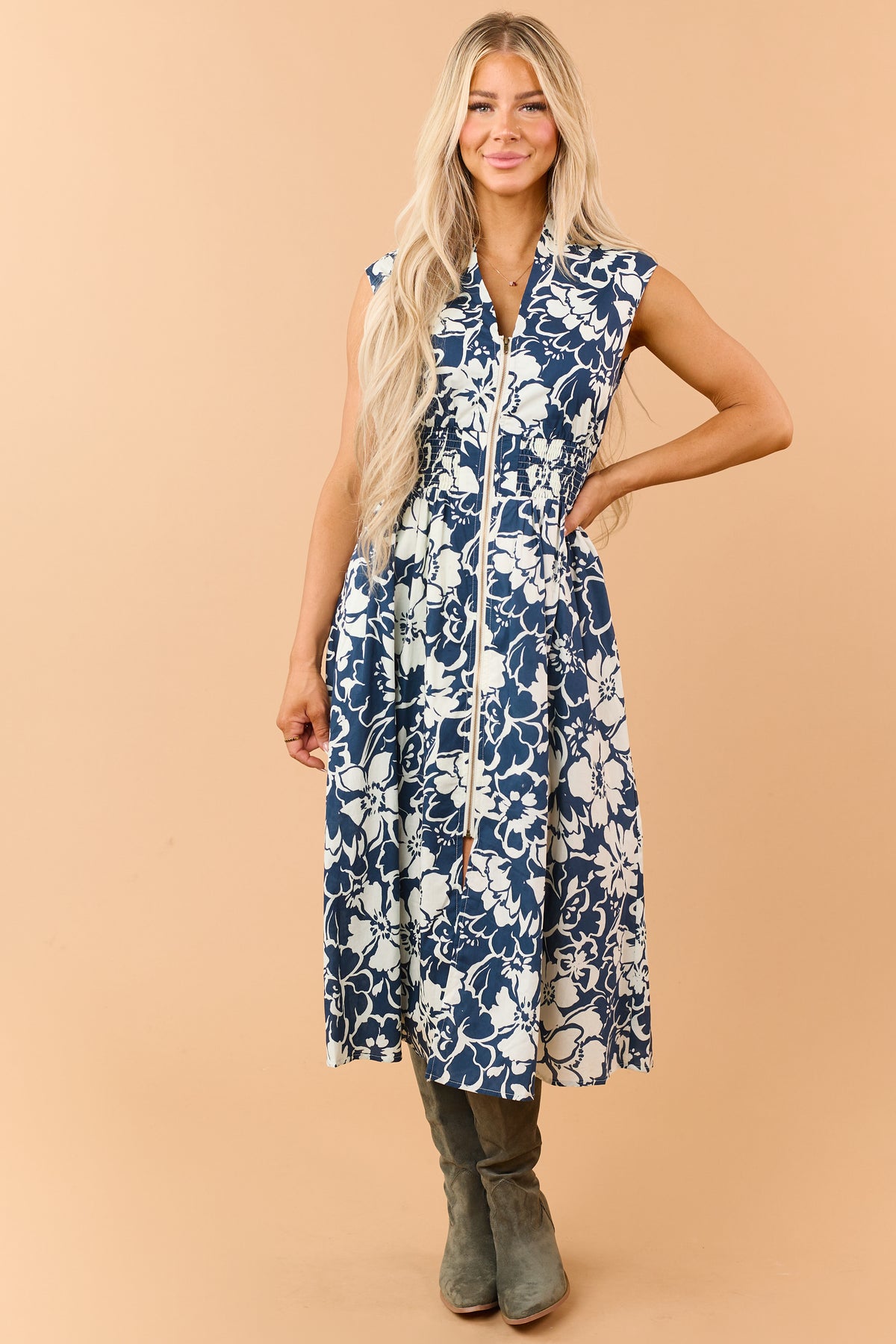 Faded Navy Blue Front Zip Floral Cotton Midi Dress