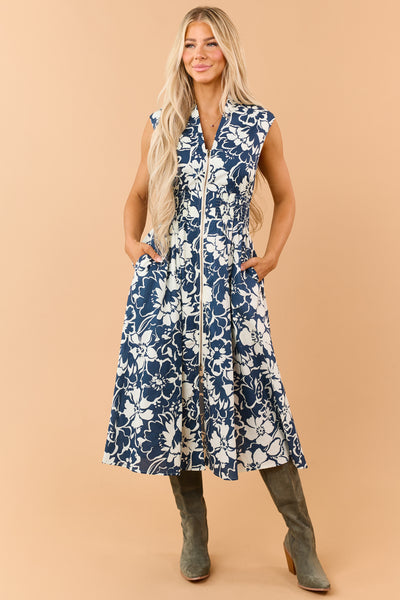 Faded Navy Blue Front Zip Floral Cotton Midi Dress