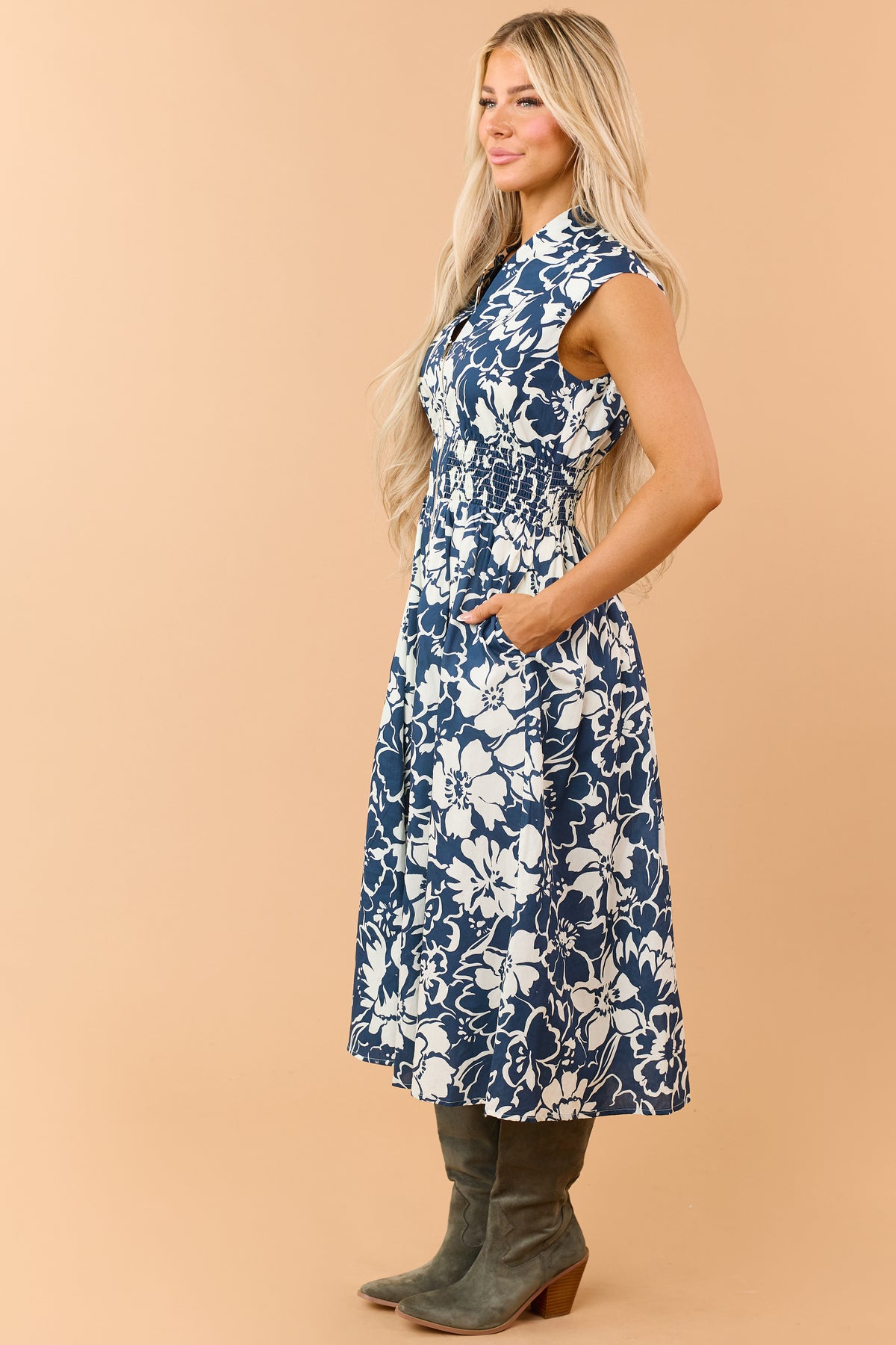 Faded Navy Blue Front Zip Floral Cotton Midi Dress