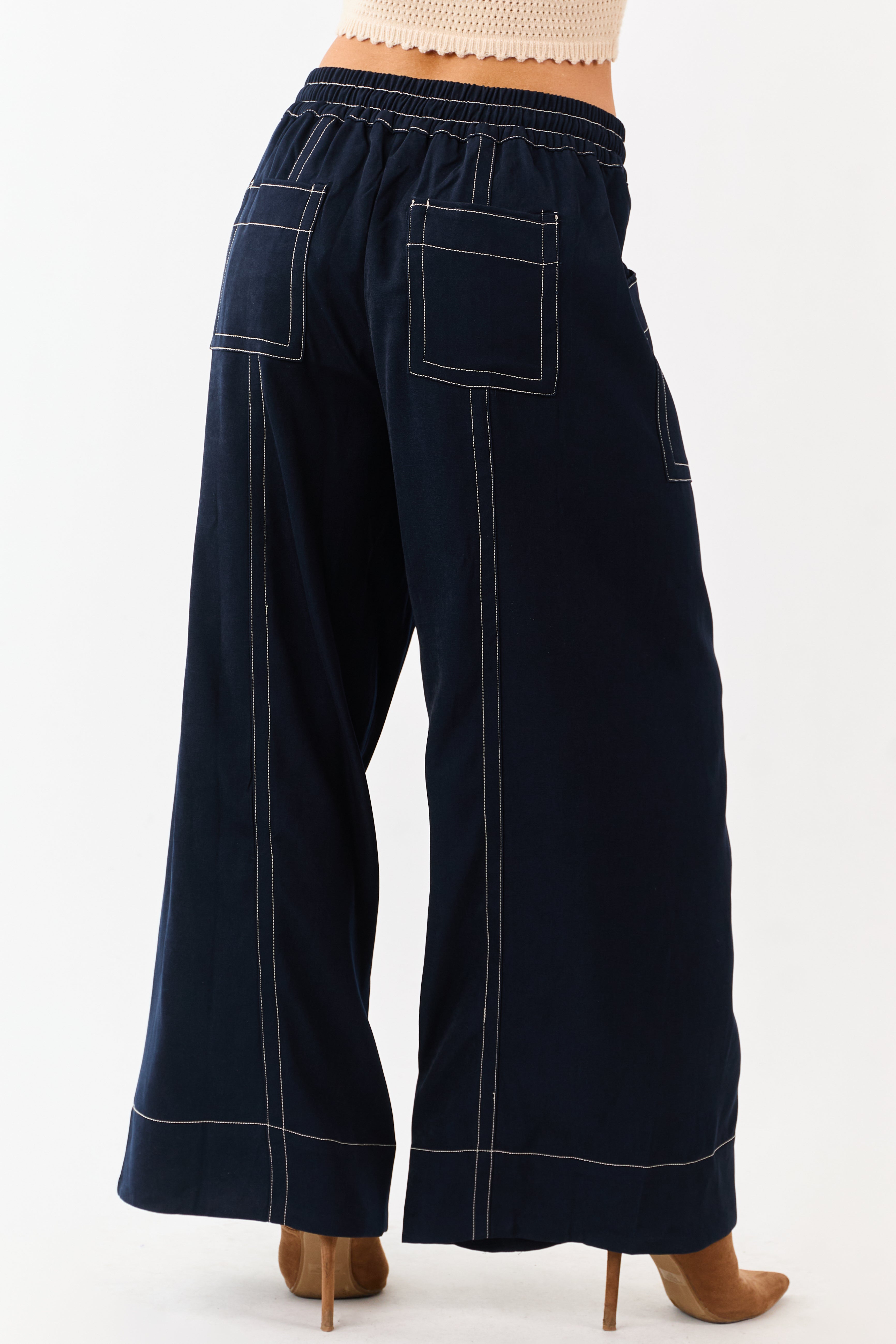 Faded Navy Contrast Stitch Drawstring Wide Leg Pants | Lime Lush
