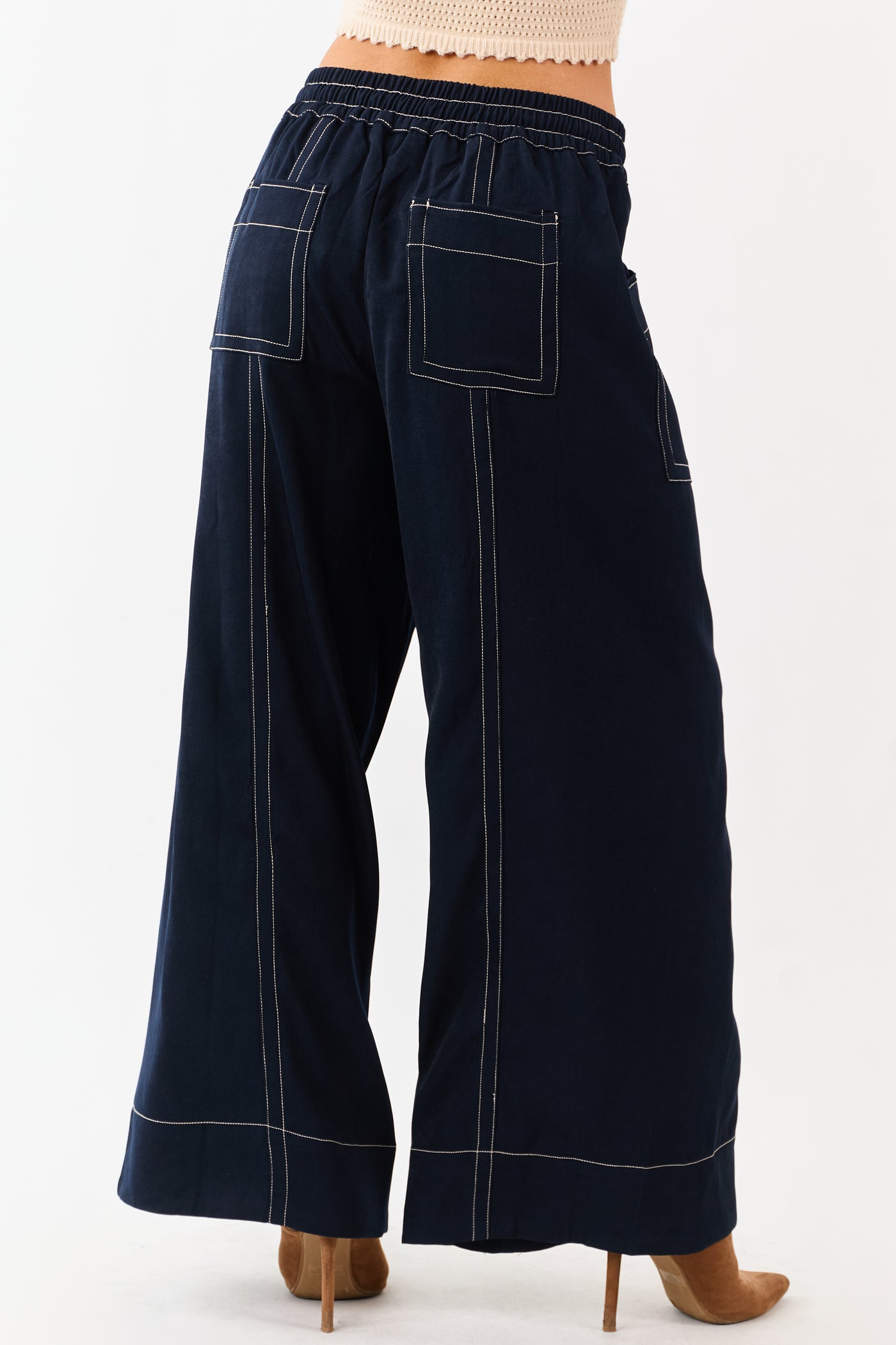 Faded Navy Contrast Stitch Drawstring Wide Leg Pants