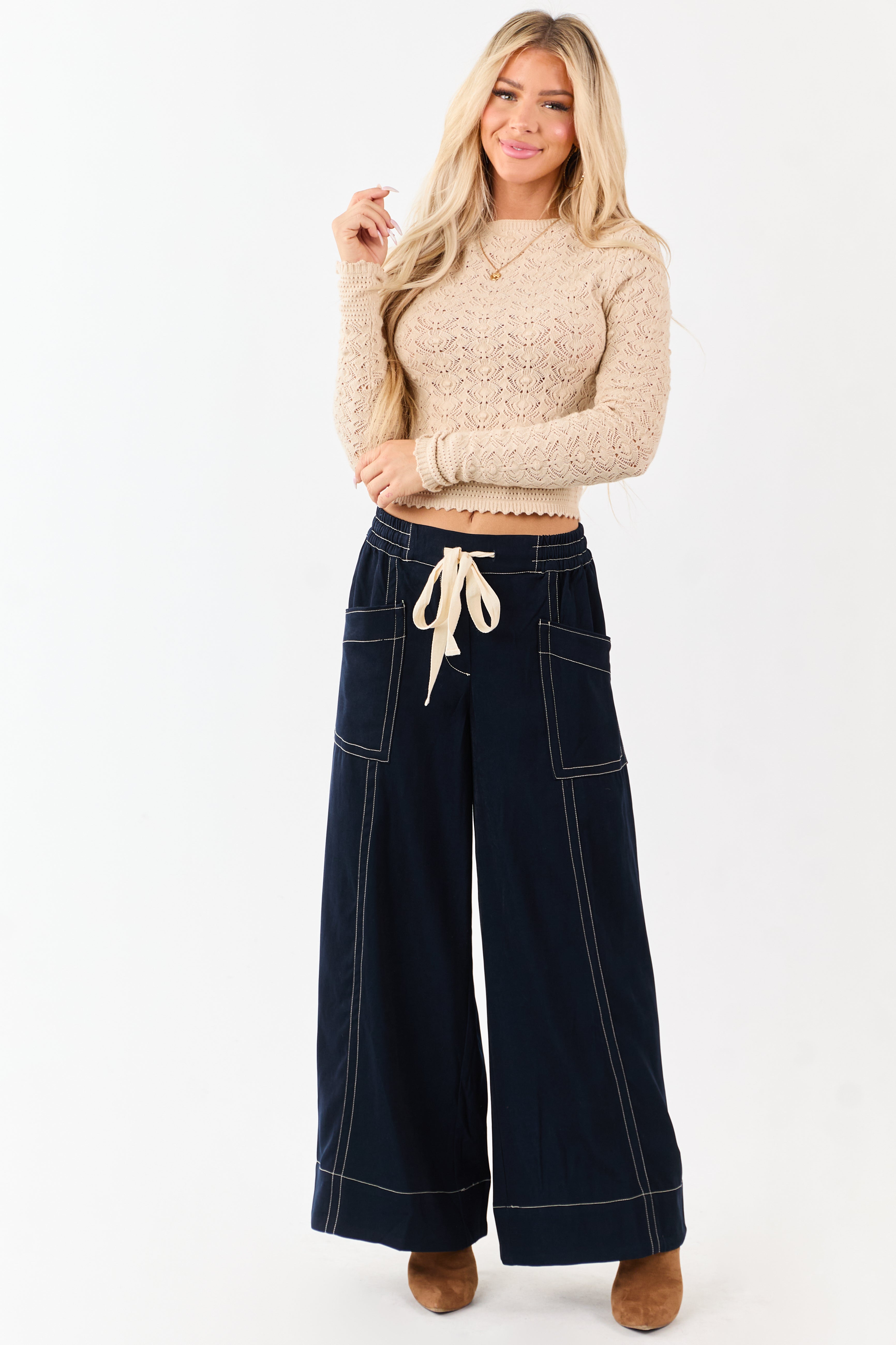 Faded Navy Contrast Stitch Drawstring Wide Leg Pants | Lime Lush