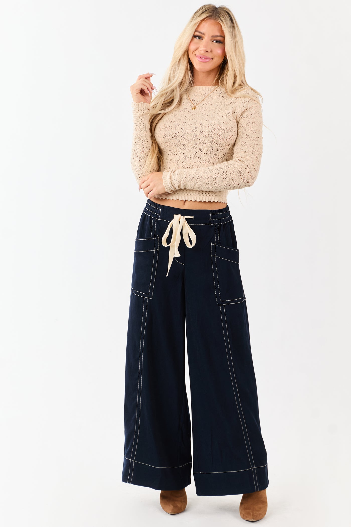 Faded Navy Contrast Stitch Drawstring Wide Leg Pants