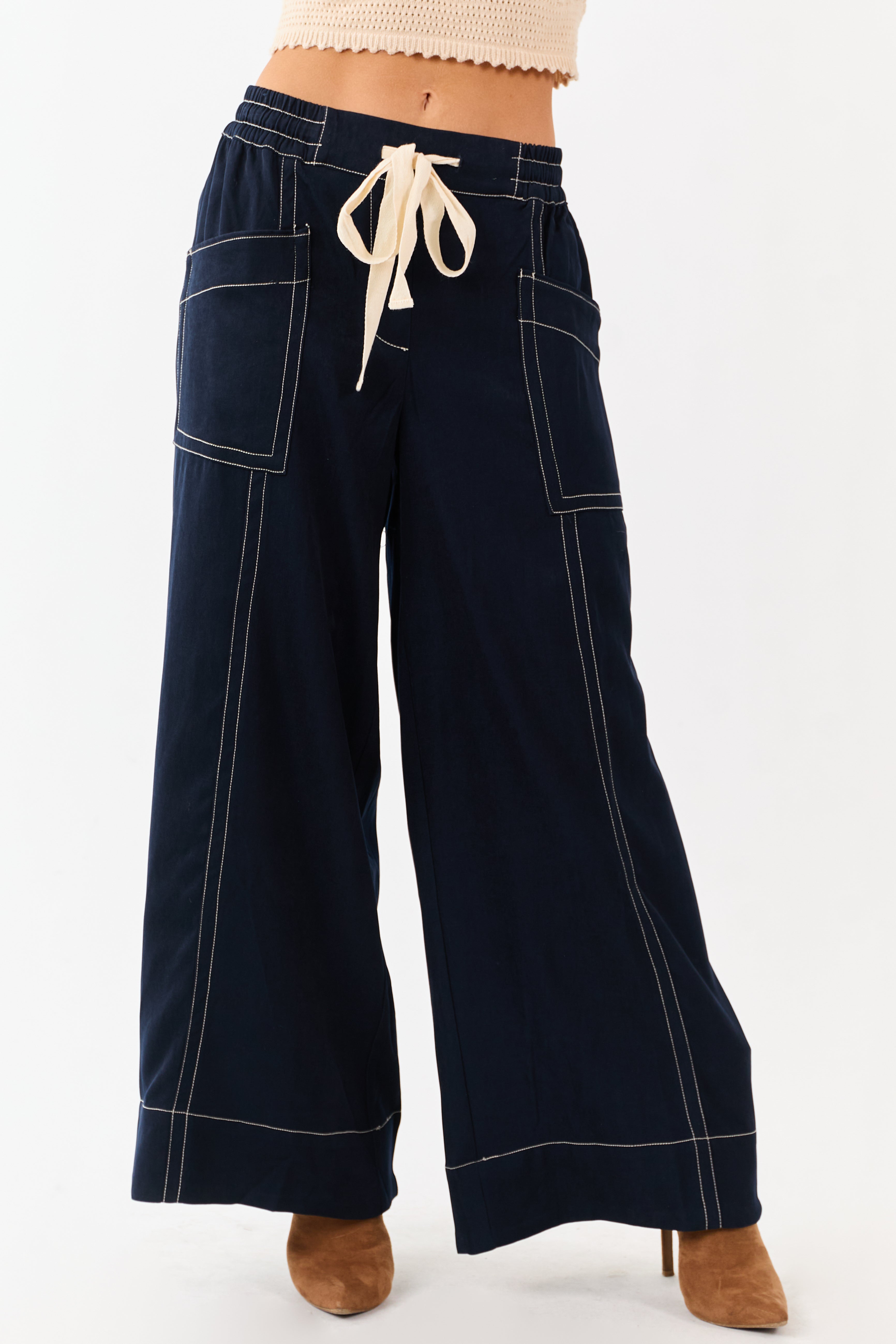 Faded Navy Contrast Stitch Drawstring Wide Leg Pants | Lime Lush
