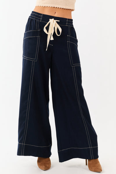 Faded Navy Contrast Stitch Drawstring Wide Leg Pants