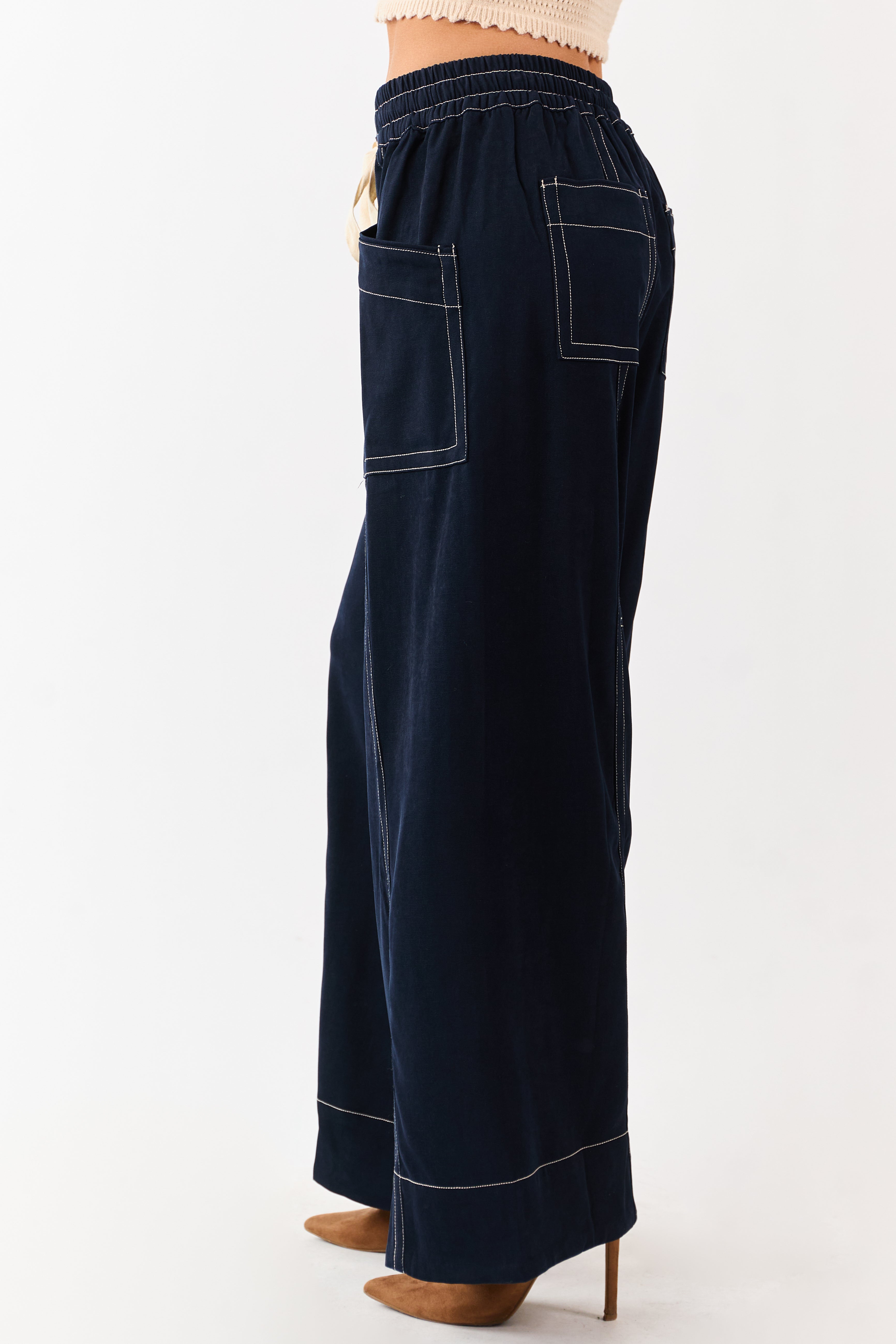 MARKA FRENCH SEAM WIDE PANTS イージー ネイビー 2 Faded Navy Contrast Stitch Drawstring Wide Leg Pants | Lime Lush