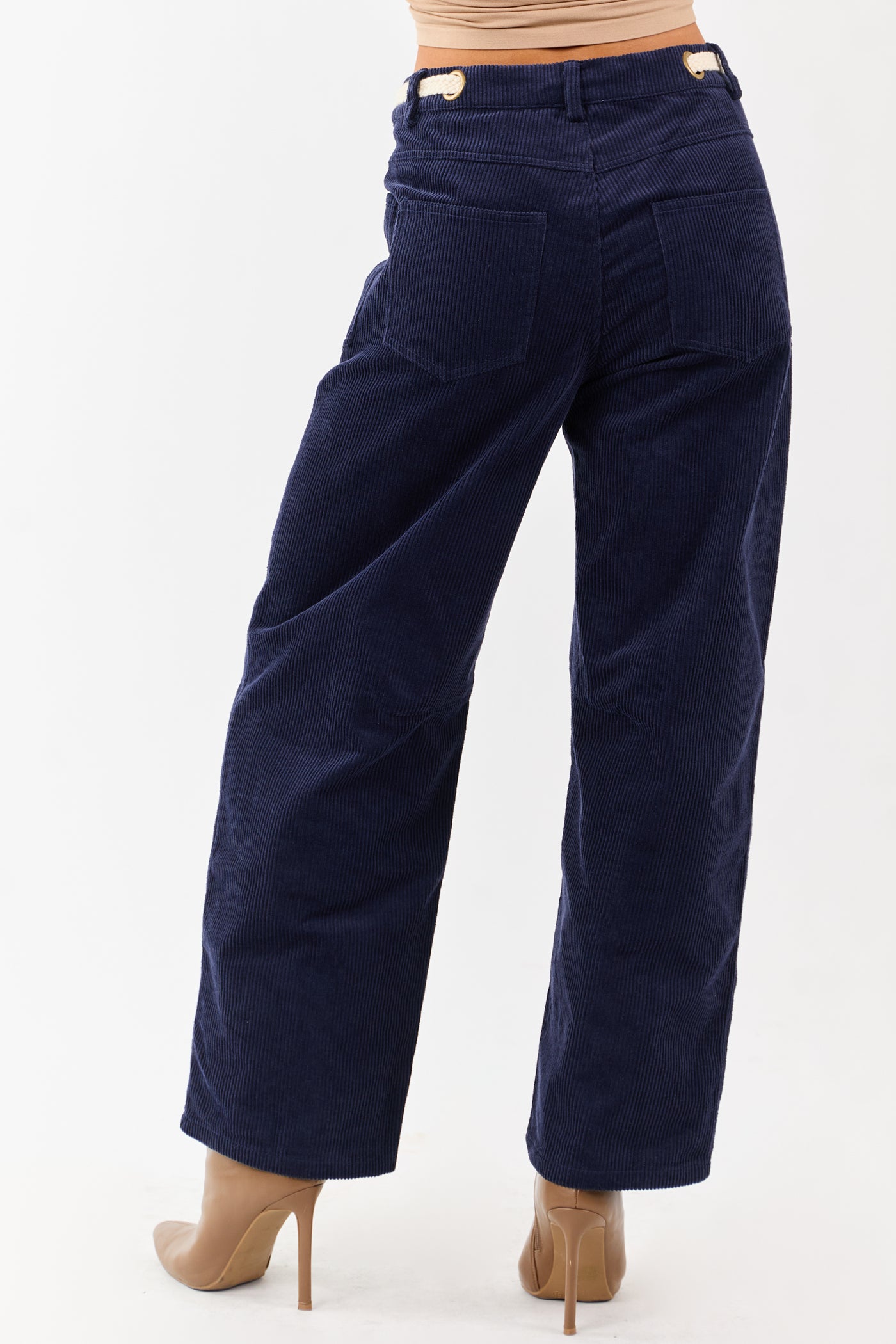 Faded Navy Corduroy Relaxed Wide Leg Waist Tie Pants