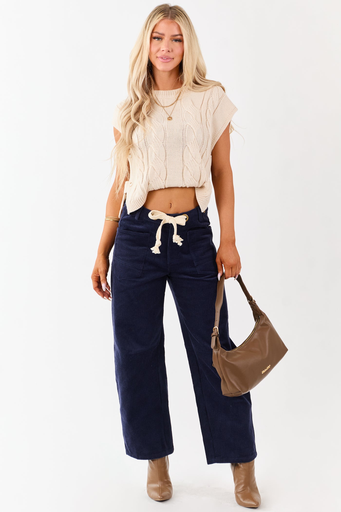 Faded Navy Corduroy Relaxed Wide Leg Waist Tie Pants