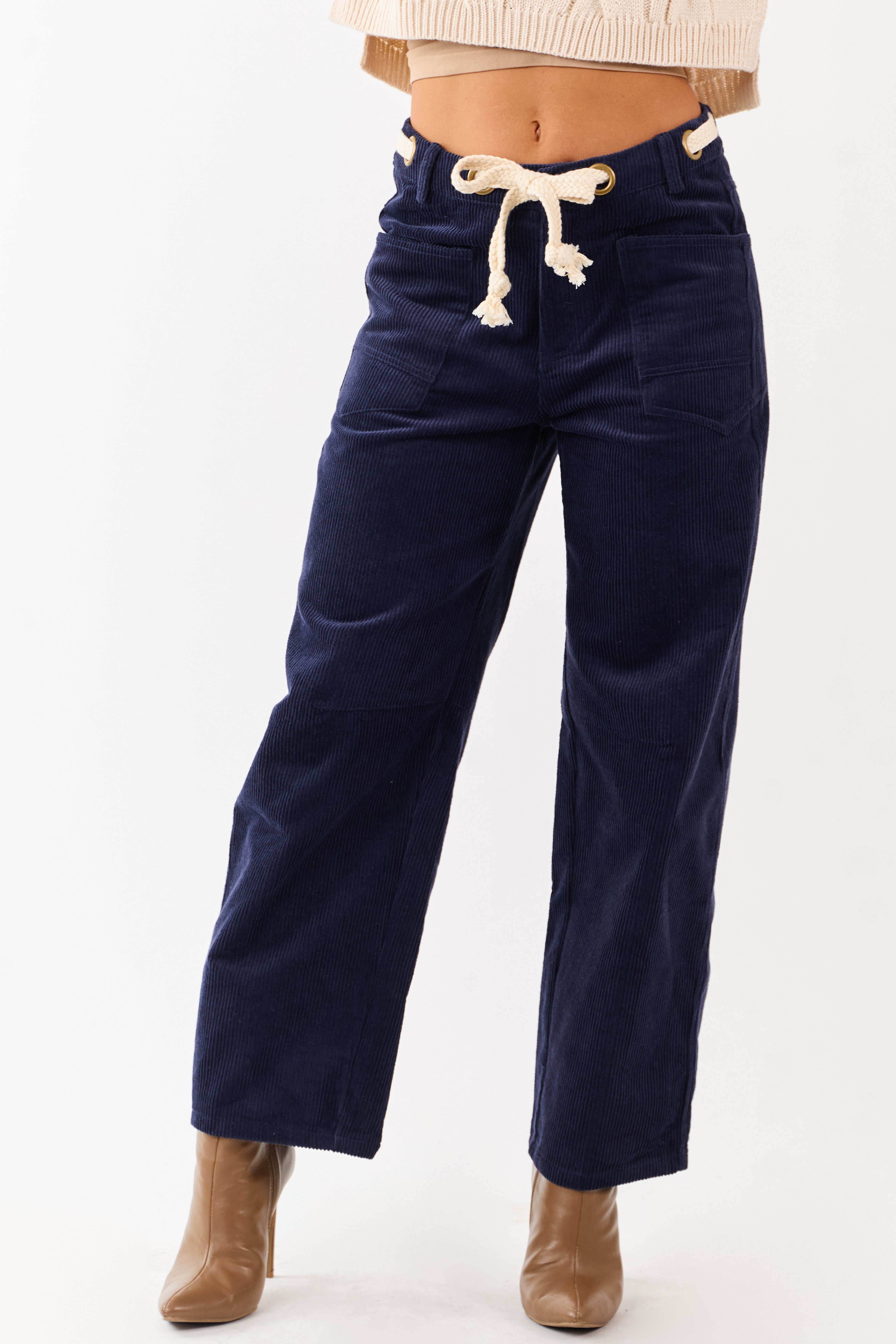 Faded Navy Corduroy Relaxed Wide Leg Waist Tie Pants