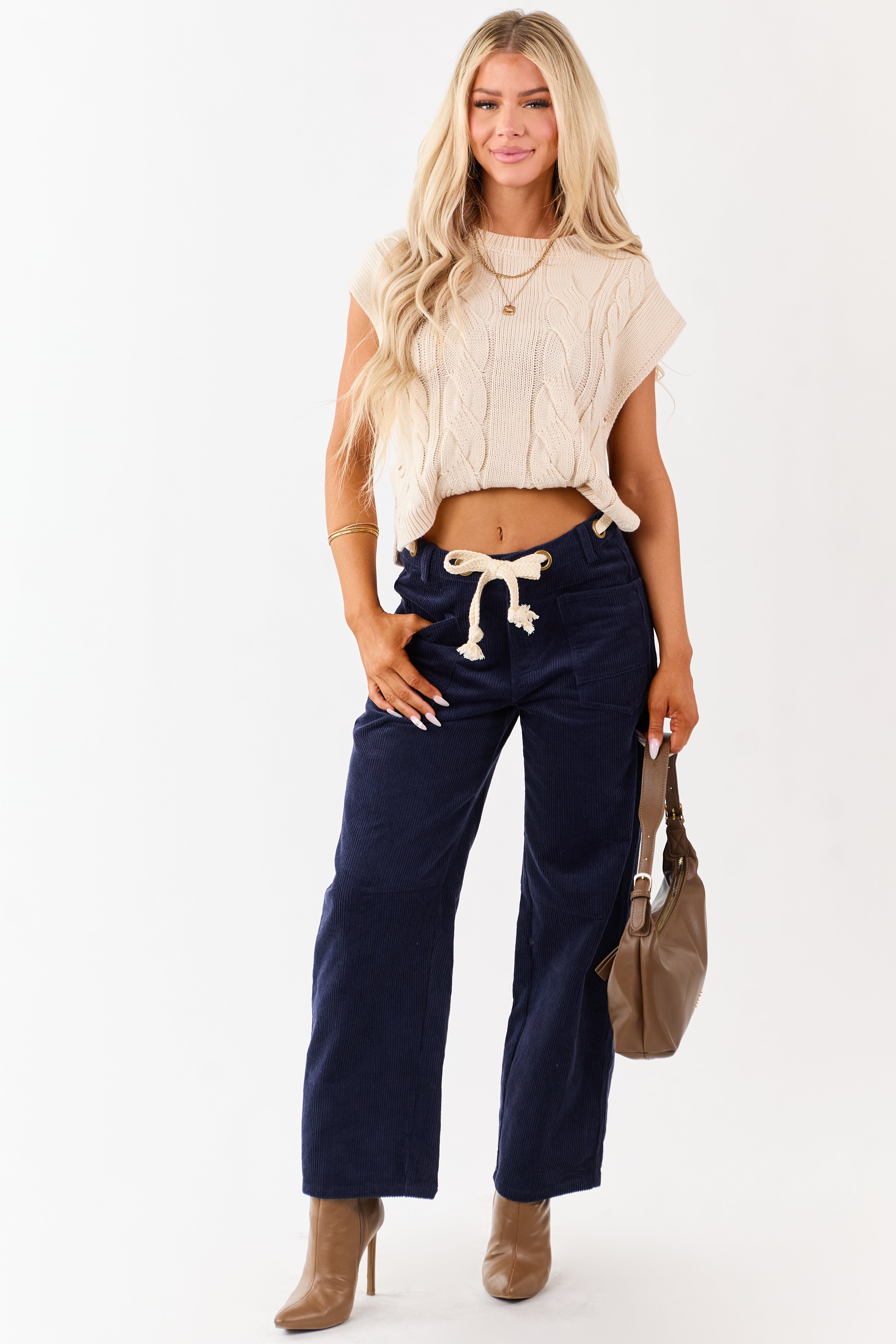 Faded Navy Corduroy Relaxed Wide Leg Waist Tie Pants